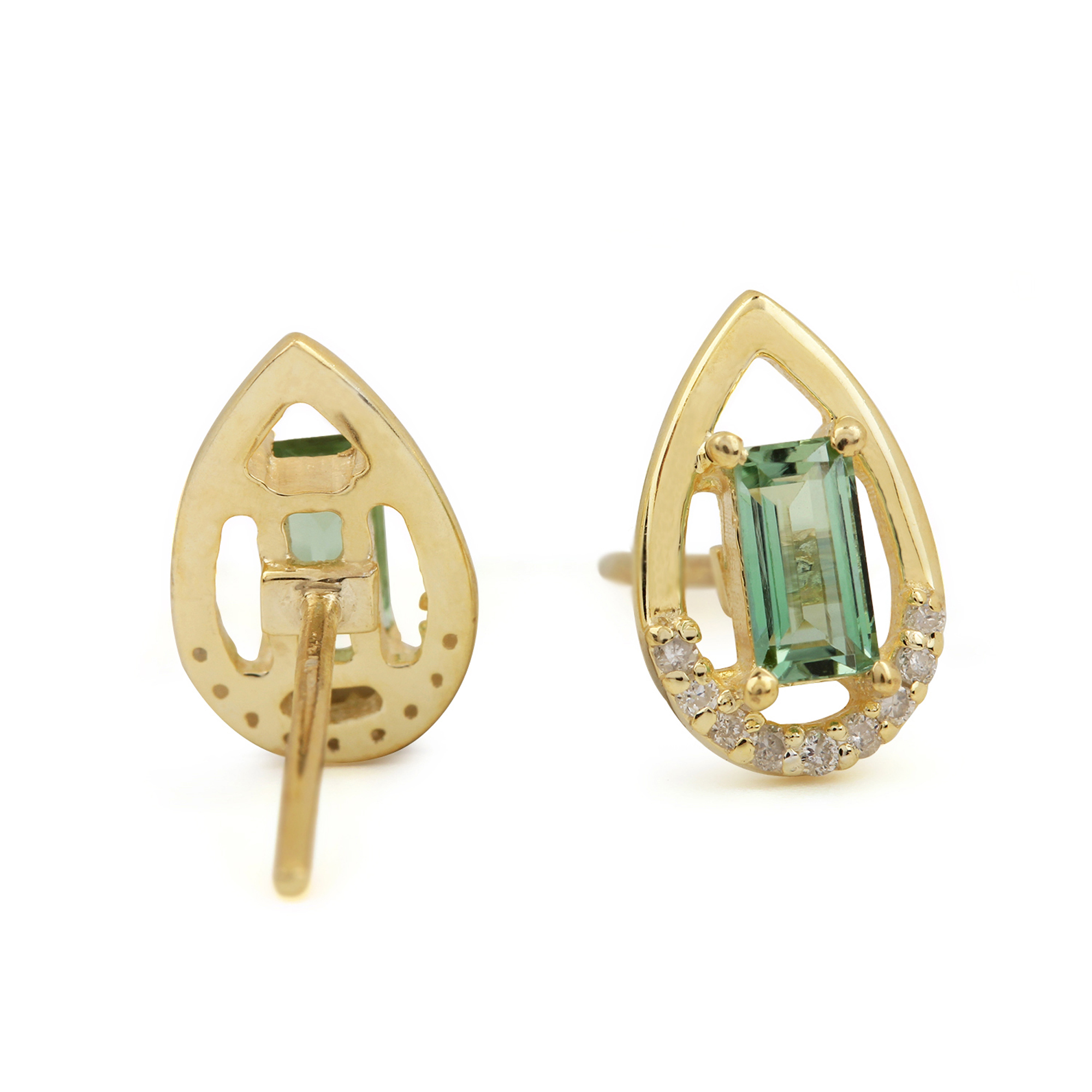 14k Solid Gold Diamond & Tourmaline Minimalist Stud Earrings