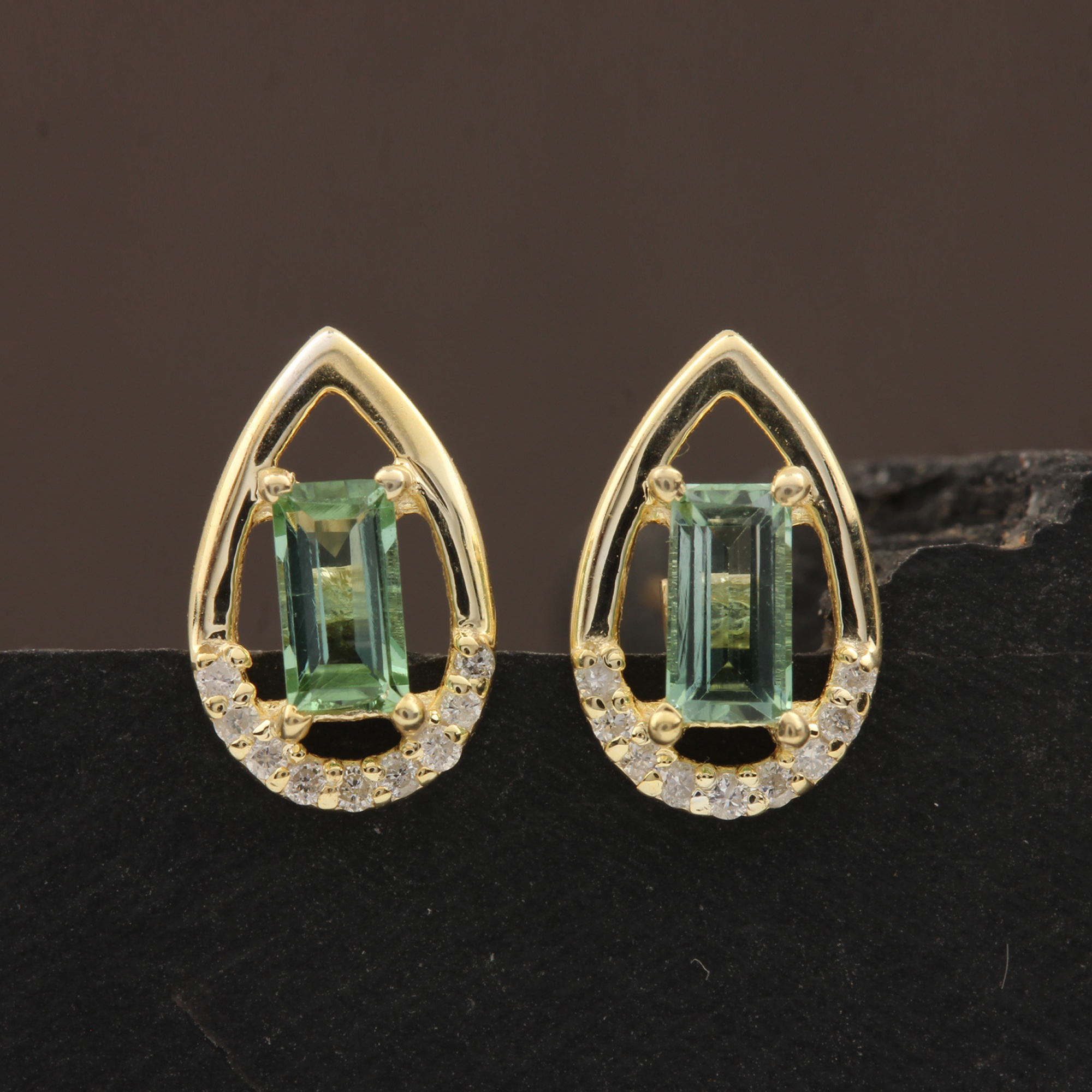 14k Solid Gold Diamond & Tourmaline Minimalist Stud Earrings