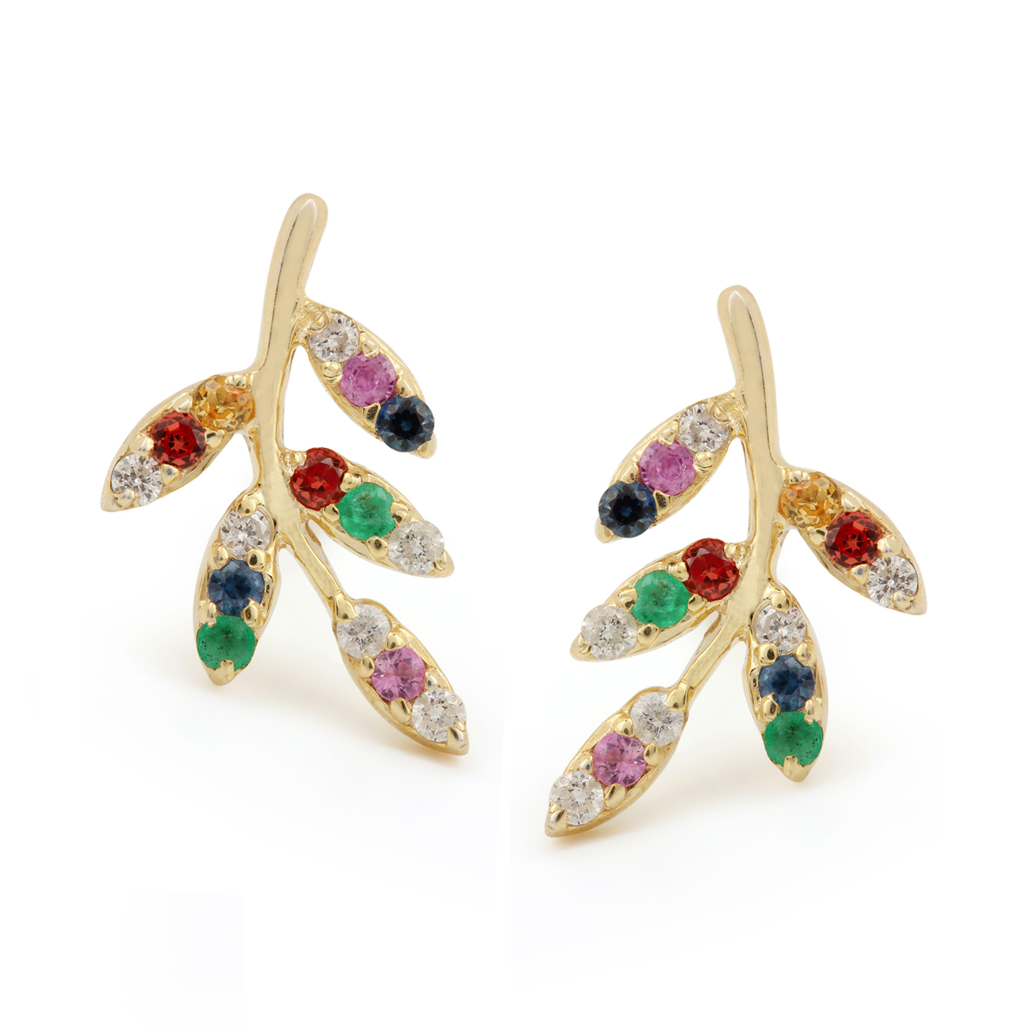 14k Gold Natural Diamond Emerald & Multi Sapphire Minimalist Stud Earrings