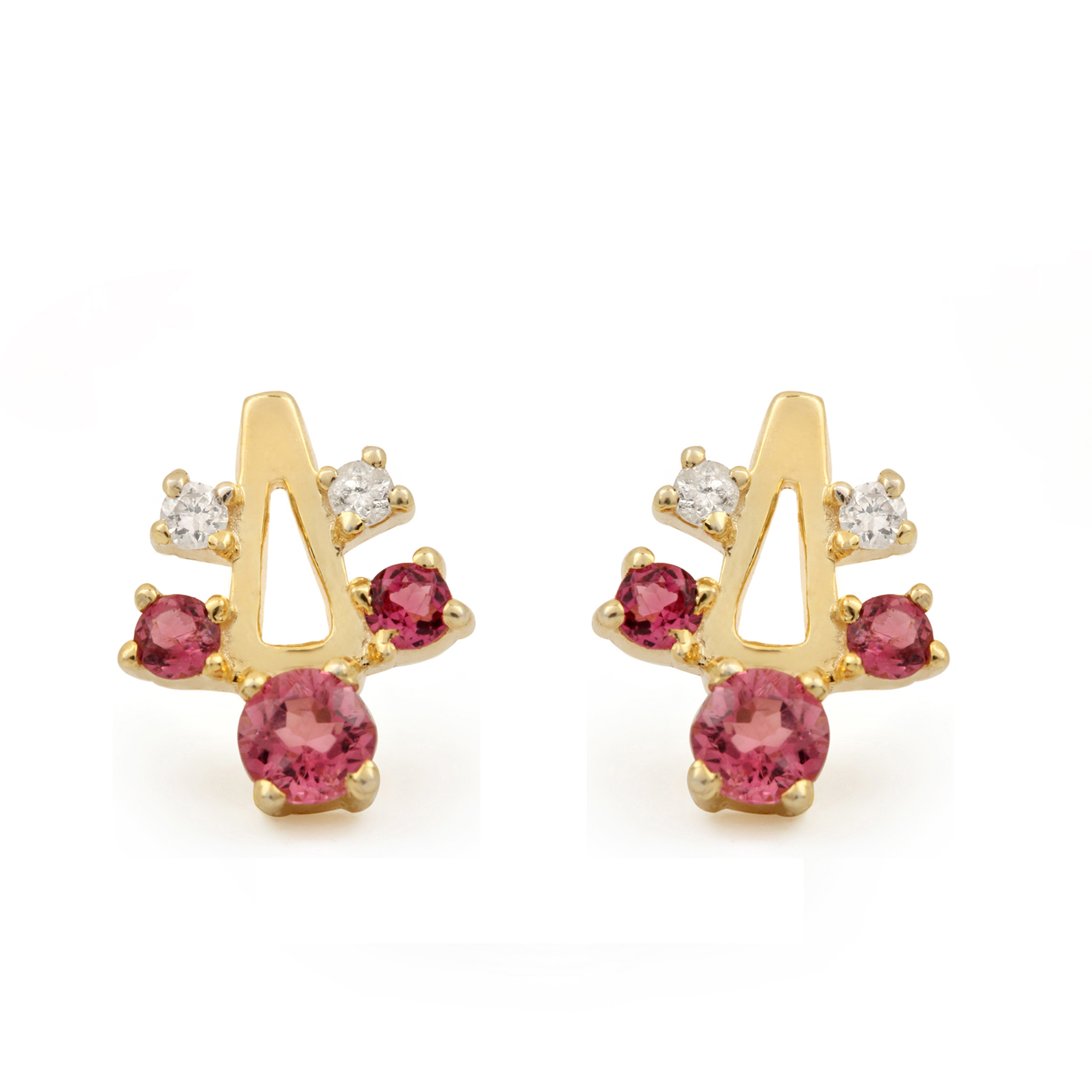 Natural Diamond & Pink Tourmaline Minimalist Stud Earrings 14k Solid Gold Jewelry