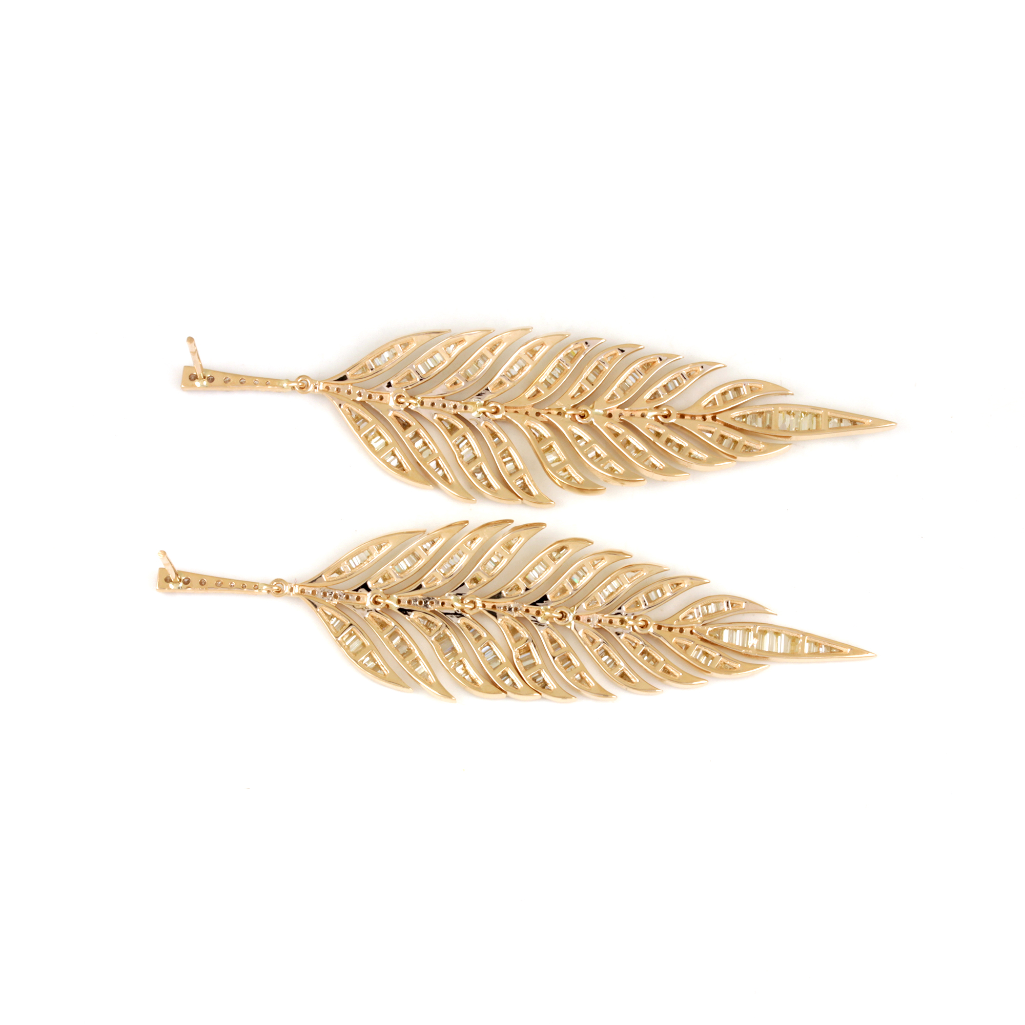 Natural Pave Diamond Feather Dangle Earrings Solid 14K Gold Fine Jewelry
