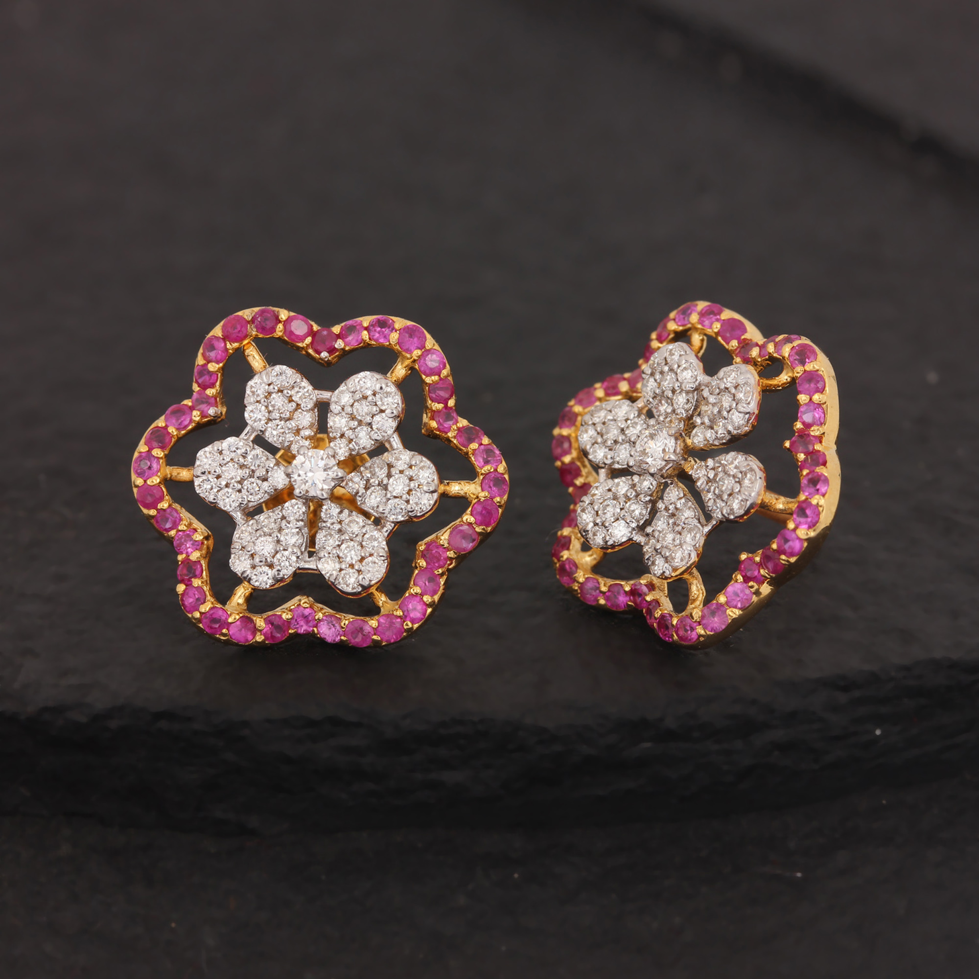 14k Solid Yellow Gold Earring With Diamond & Ruby