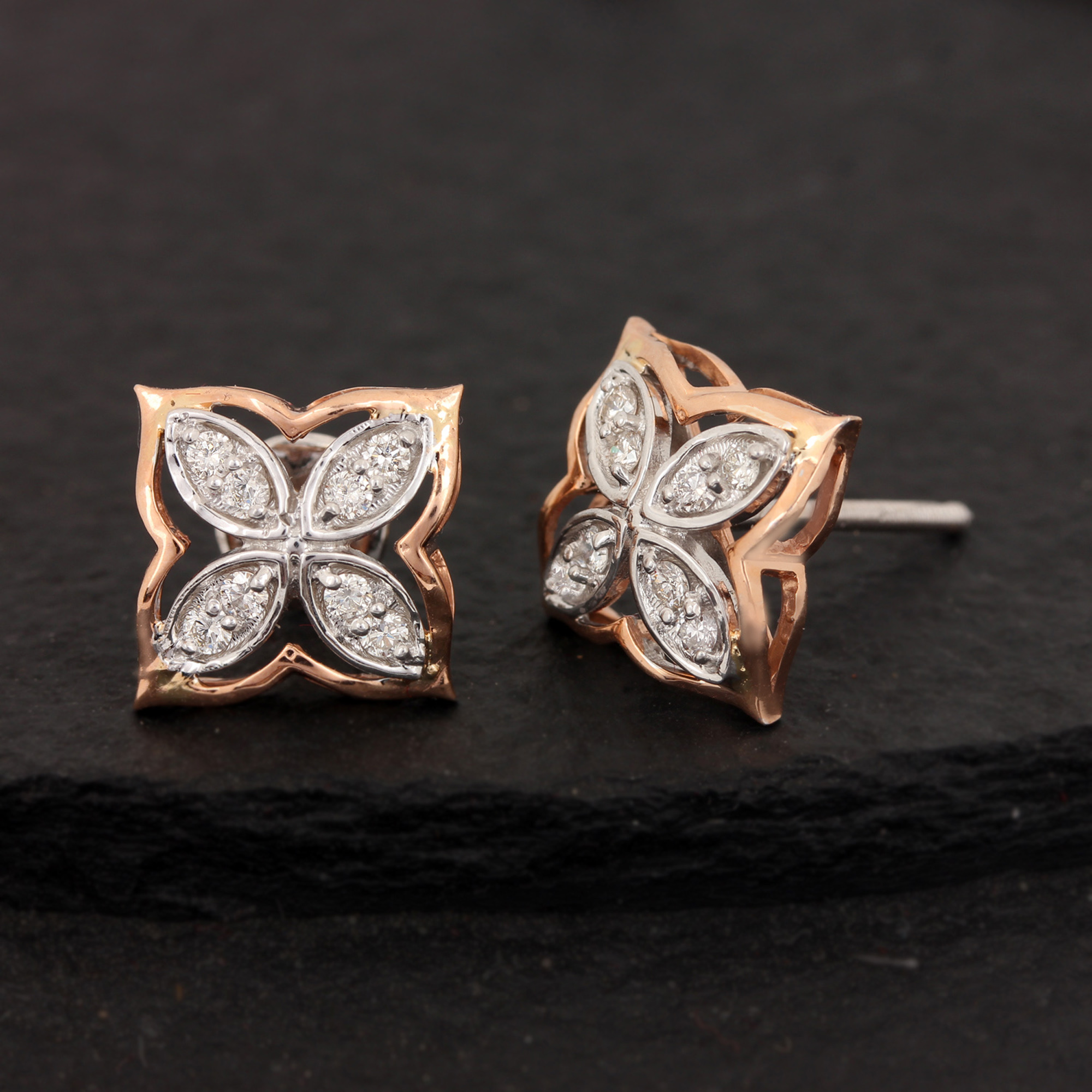 Diamond White & Rose Gold Flower Desiged Earrings
