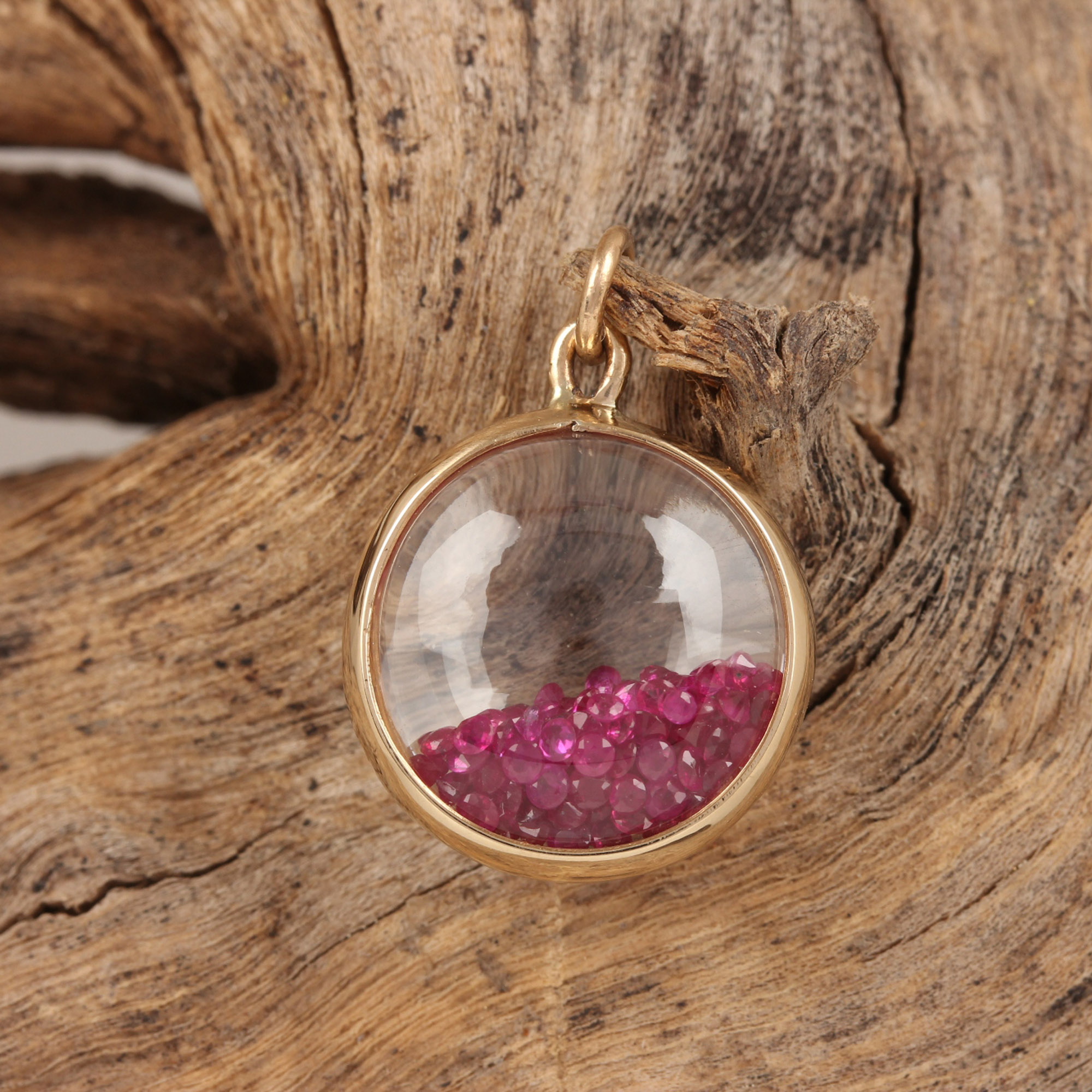 14k solid gold natural ruby crystal shaker pendant