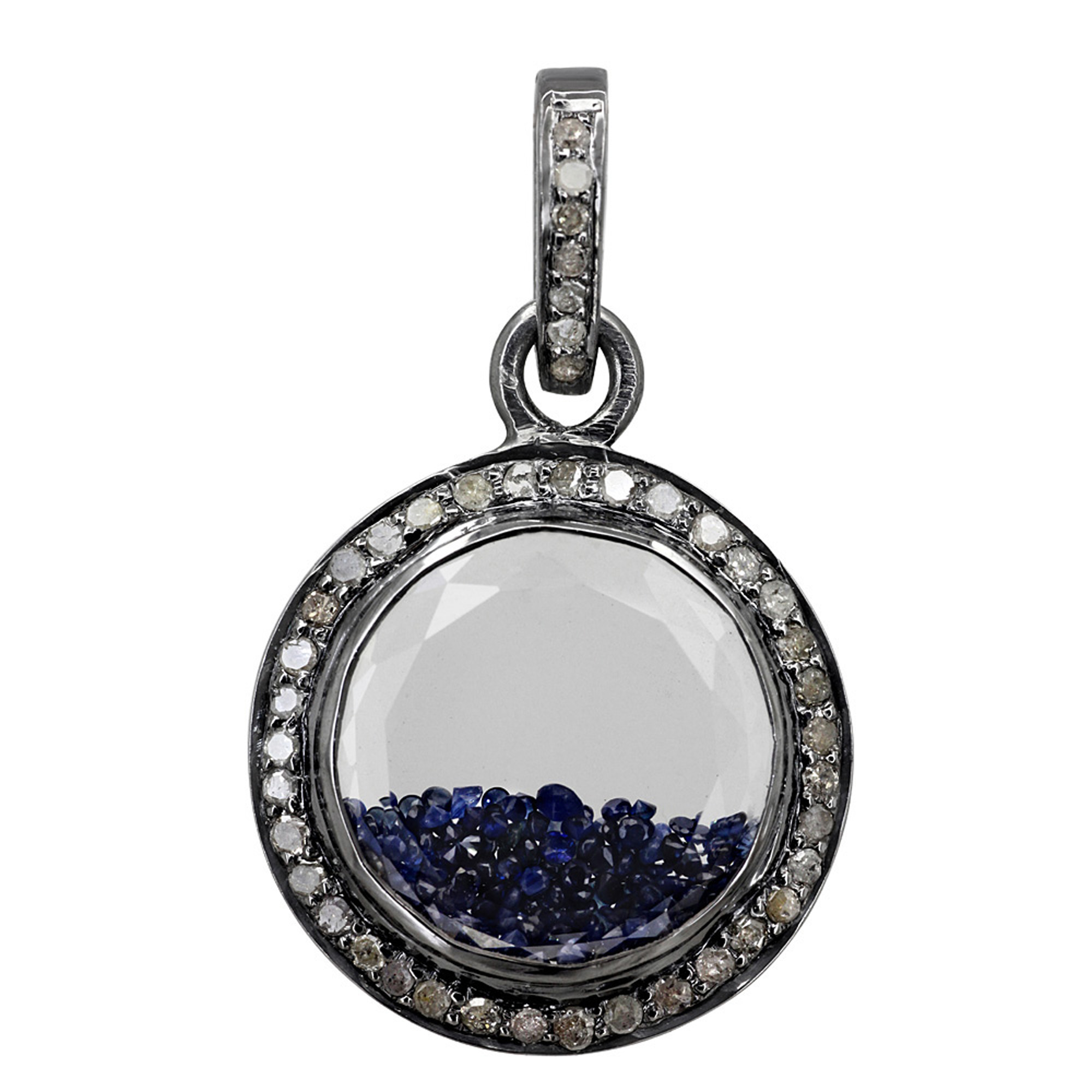 Real diamond 925 sterling silver crystal shaker pendant with blue sapphire