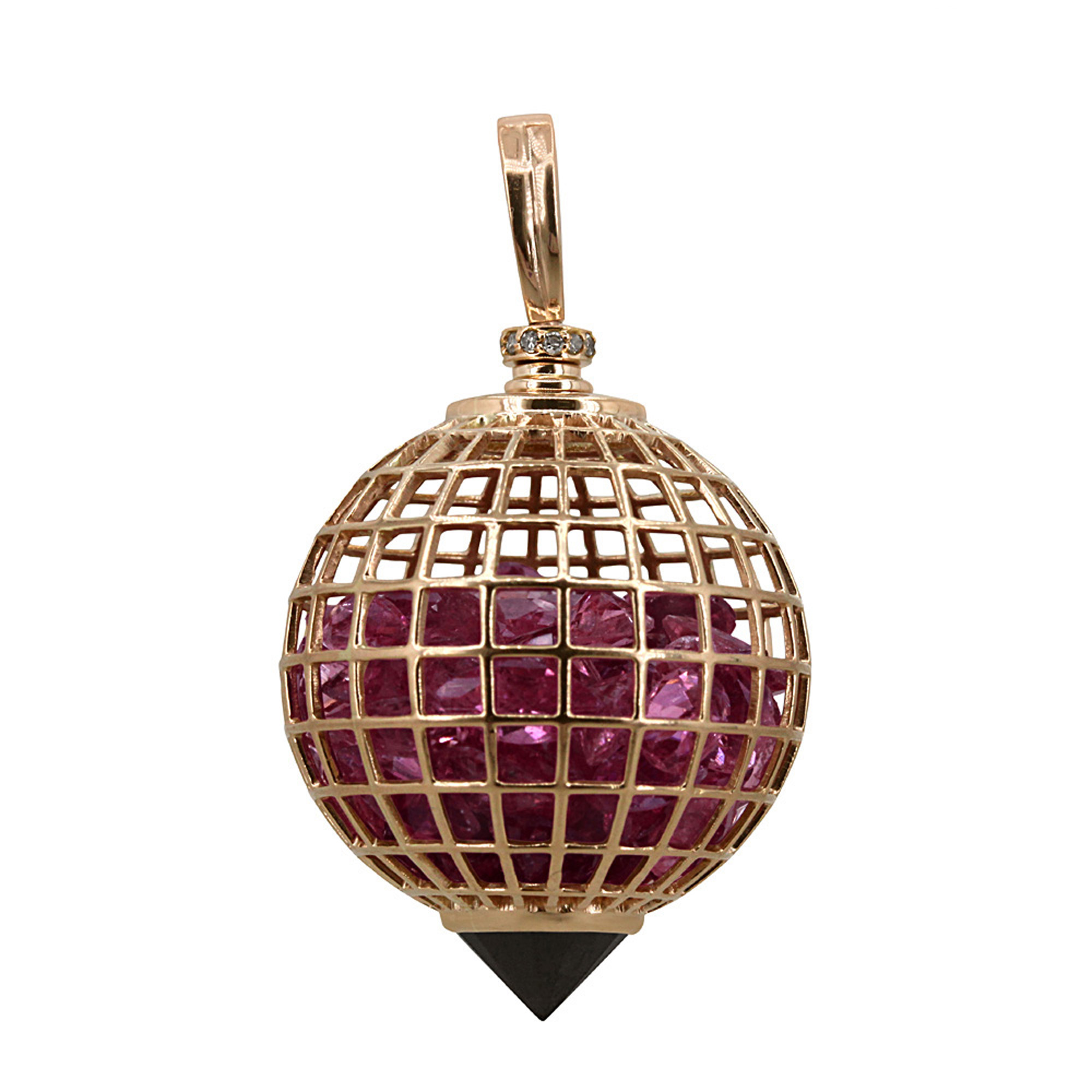Black Spinel 18k gold diamond tourmaline cage shaker pendant