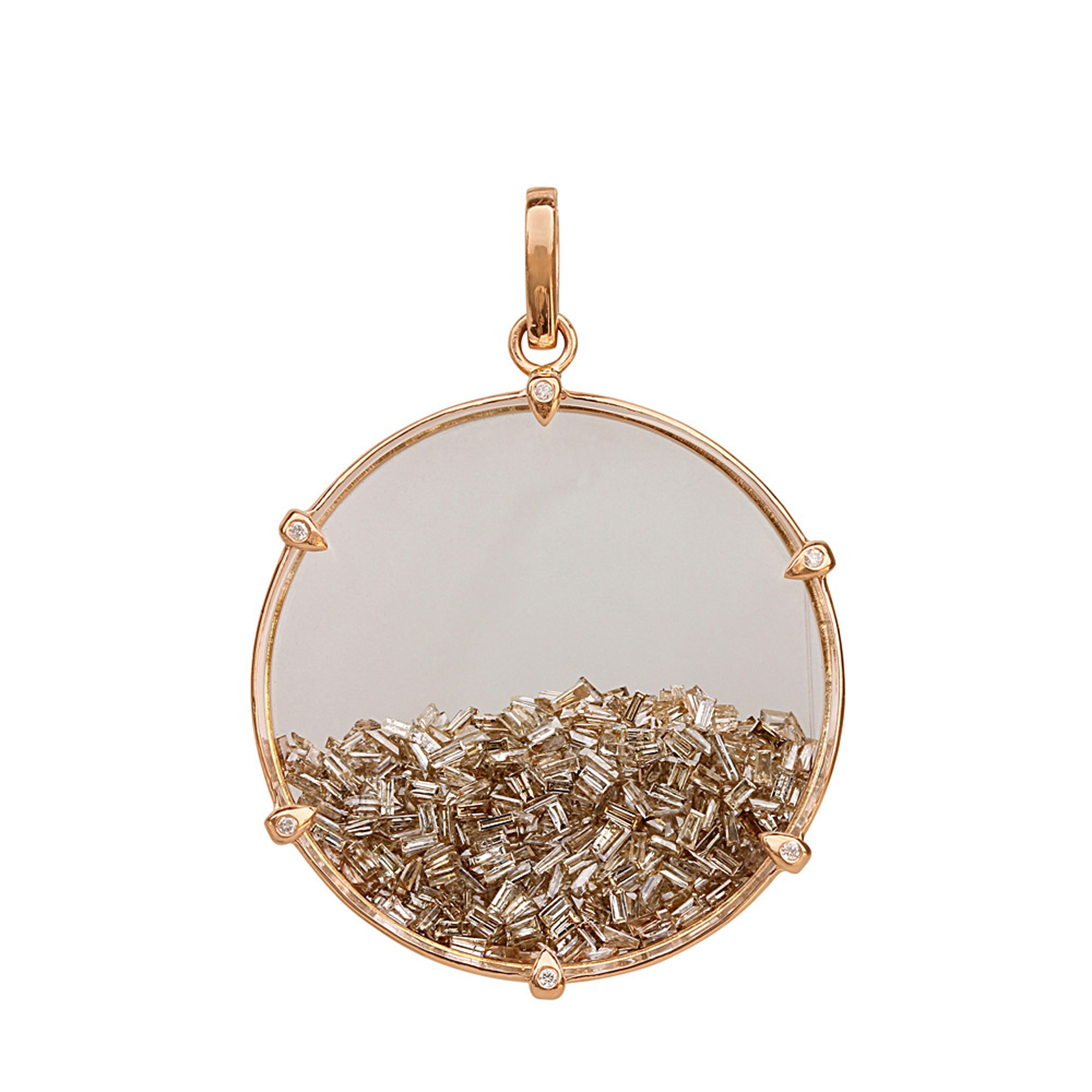 Baguette diamond 18k solid gold & silver crystal shaker pendant