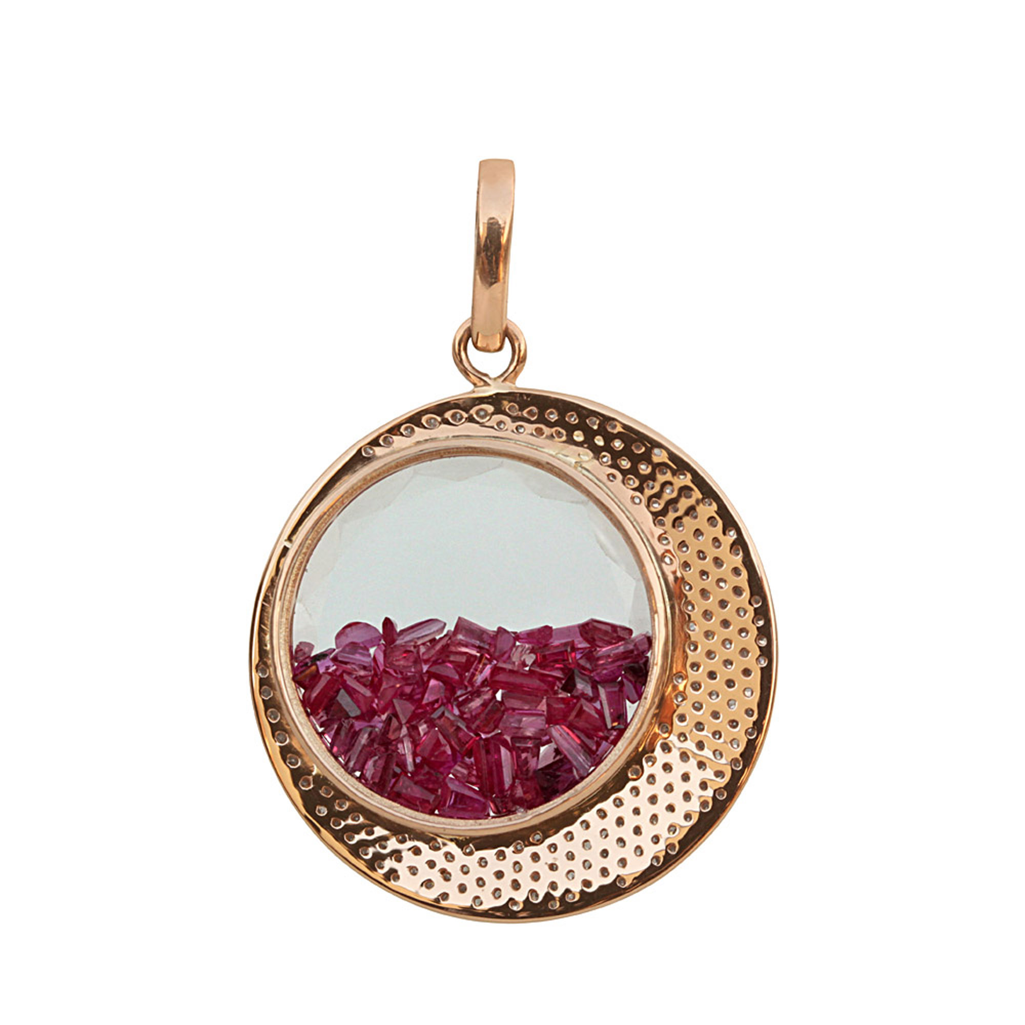 Natural diamond ruby crystal shaker pendant made in 18k solid gold