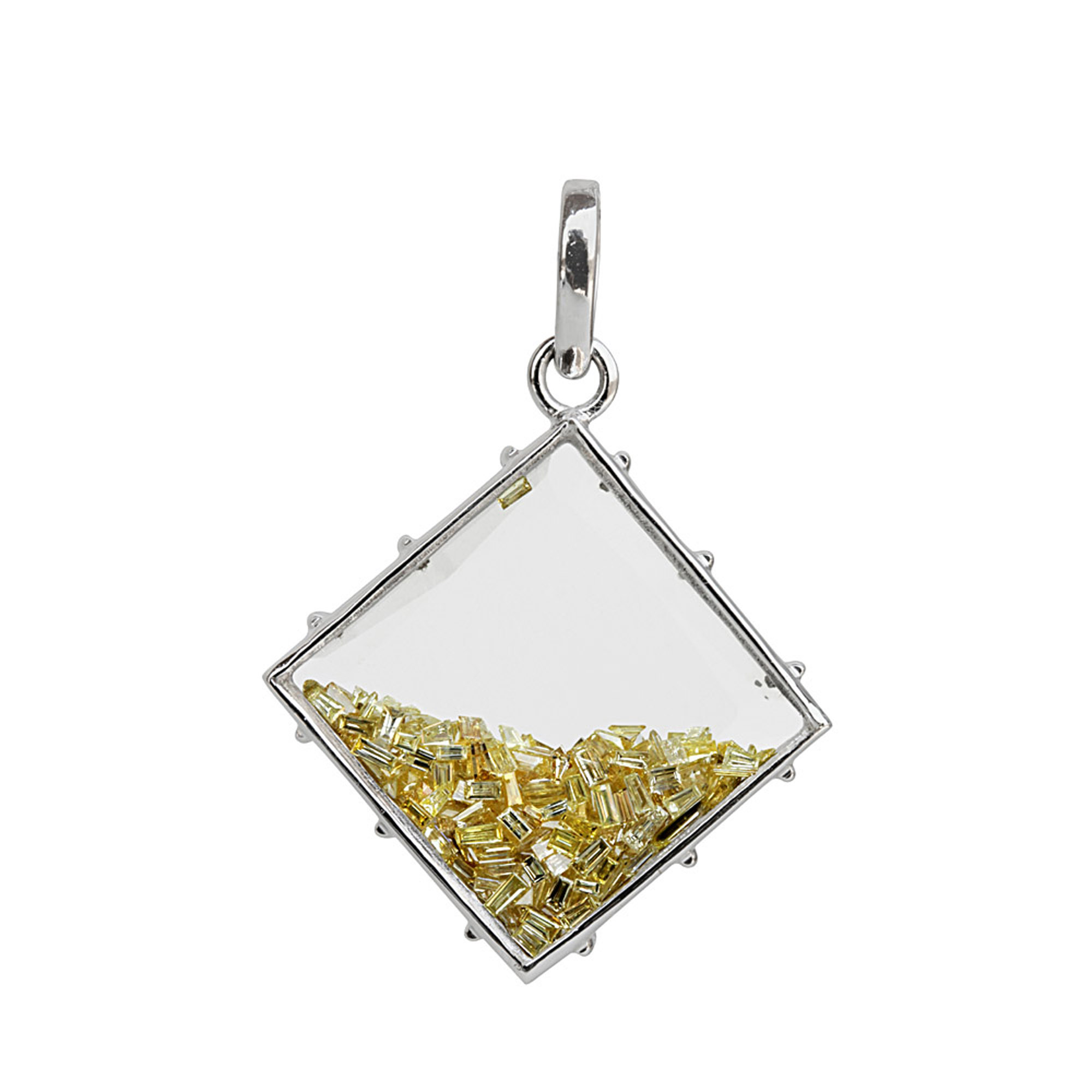 Baguette diamond18k solid white gold crystal shaker pendant