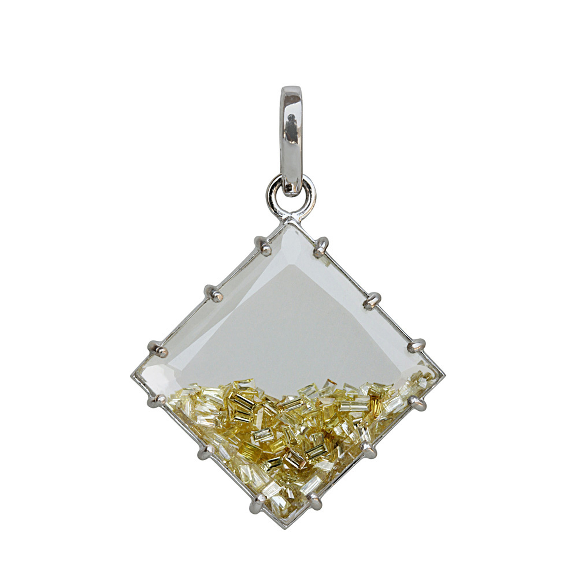 Baguette diamond18k solid white gold crystal shaker pendant