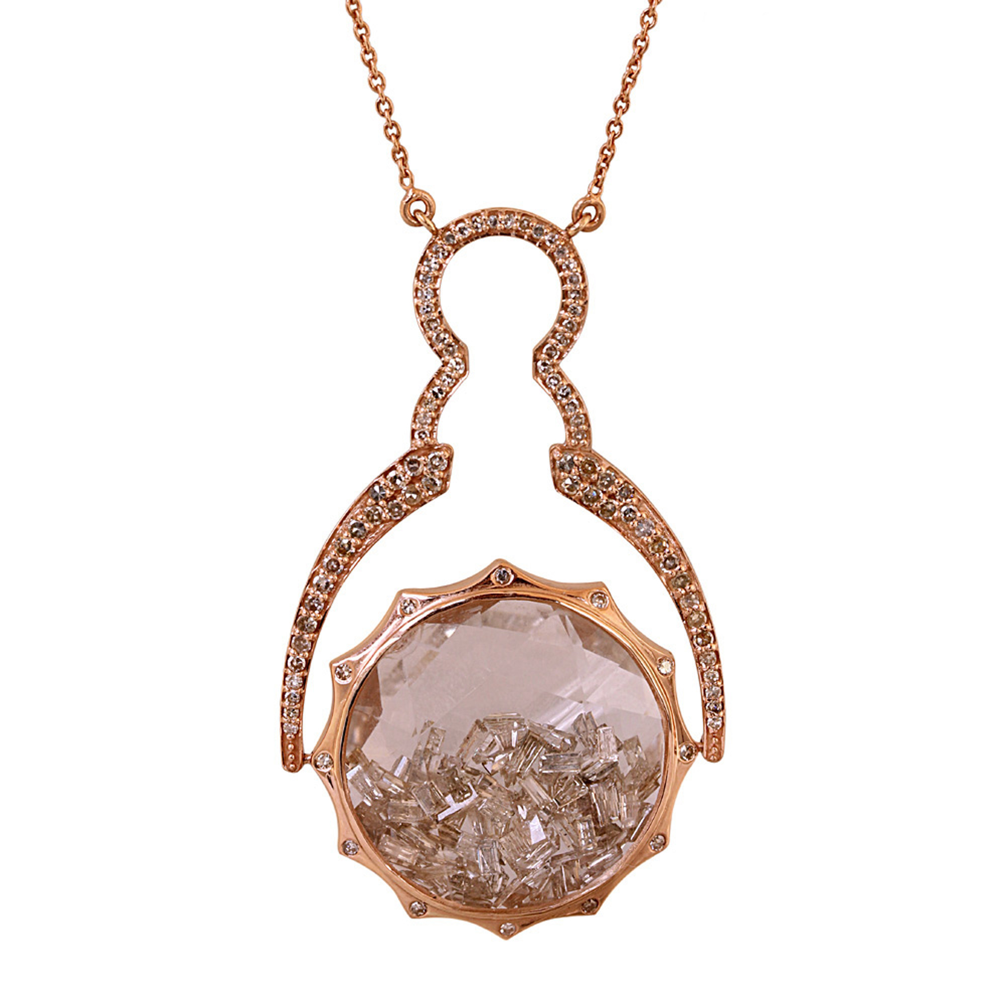 18k rose gold baguette diamond crystal shaker pendant with chain
