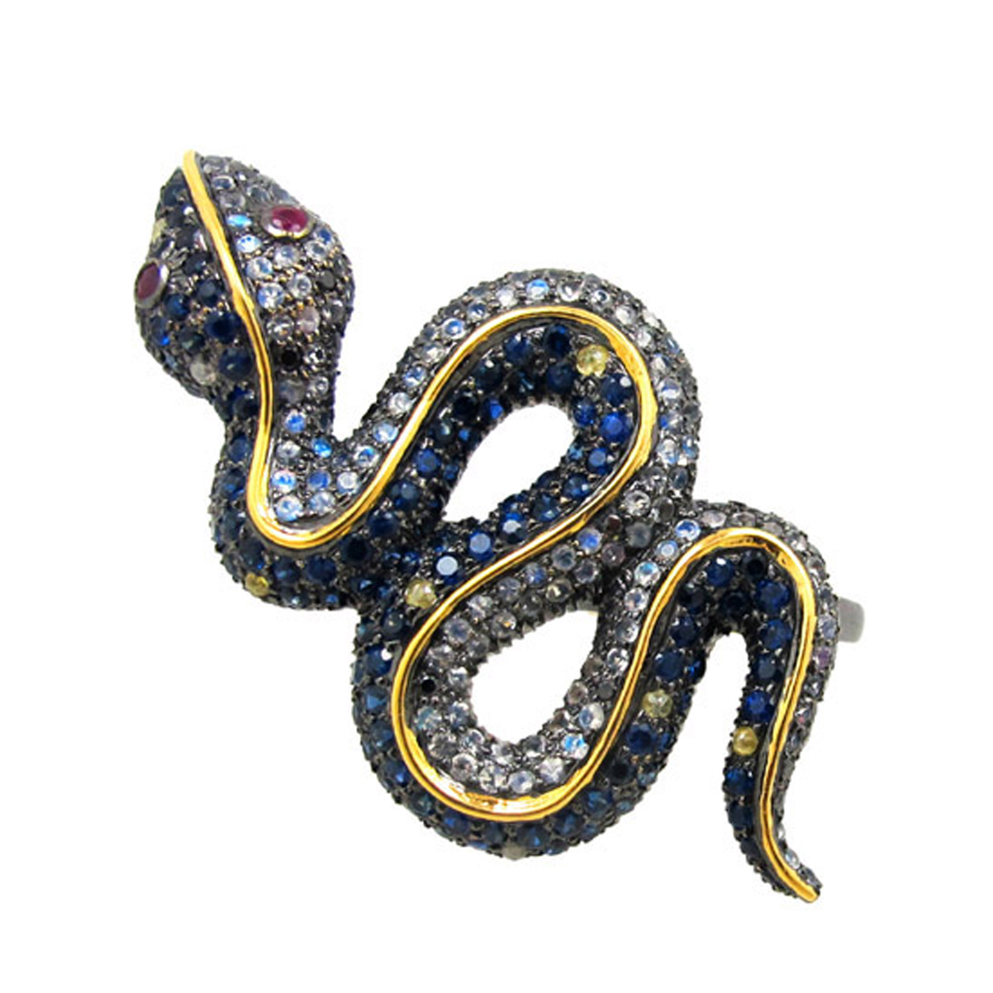 Two finger snake ring 14k gold line design multi gemstone jewelry