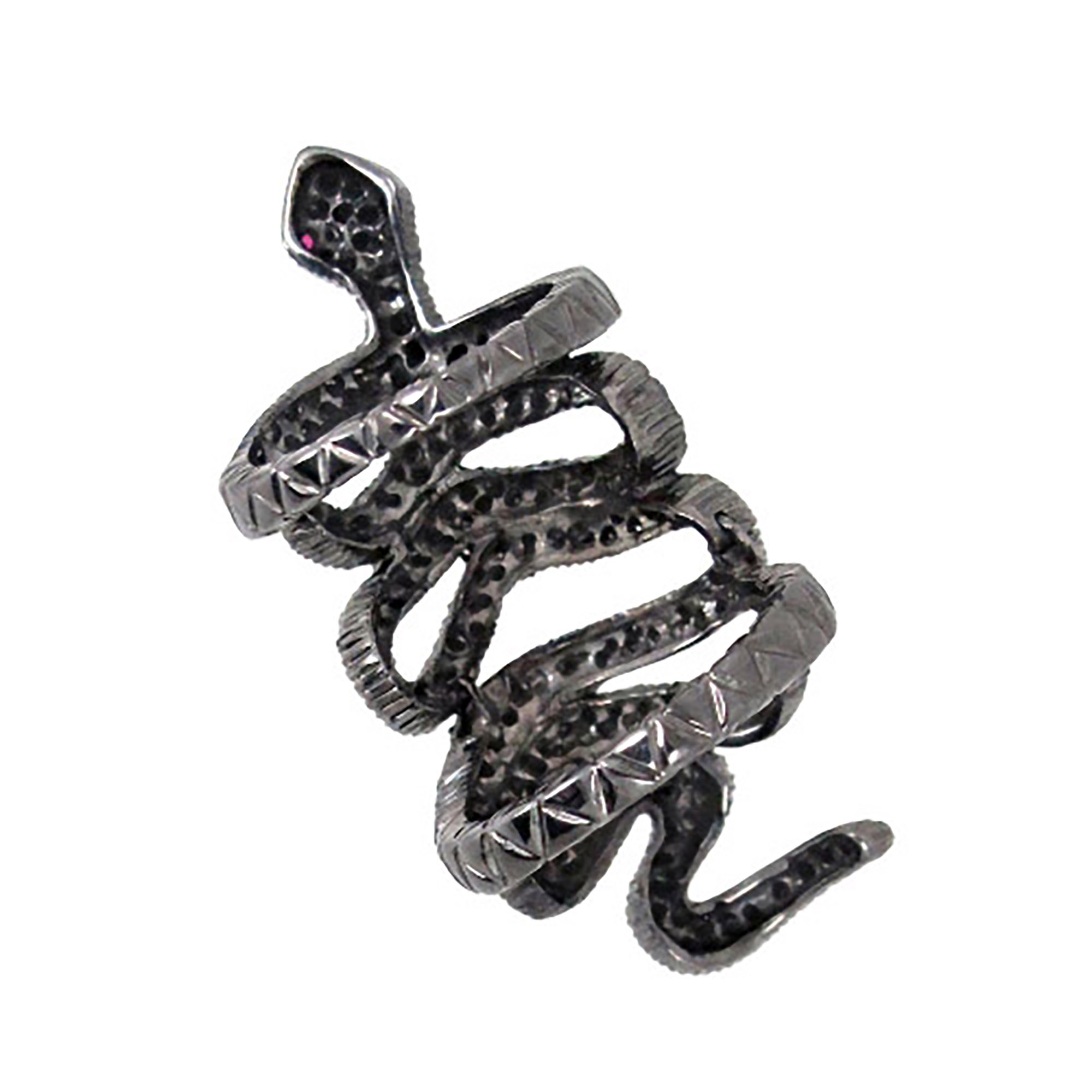 925 Silver gold natural black diamond vintage snake ring