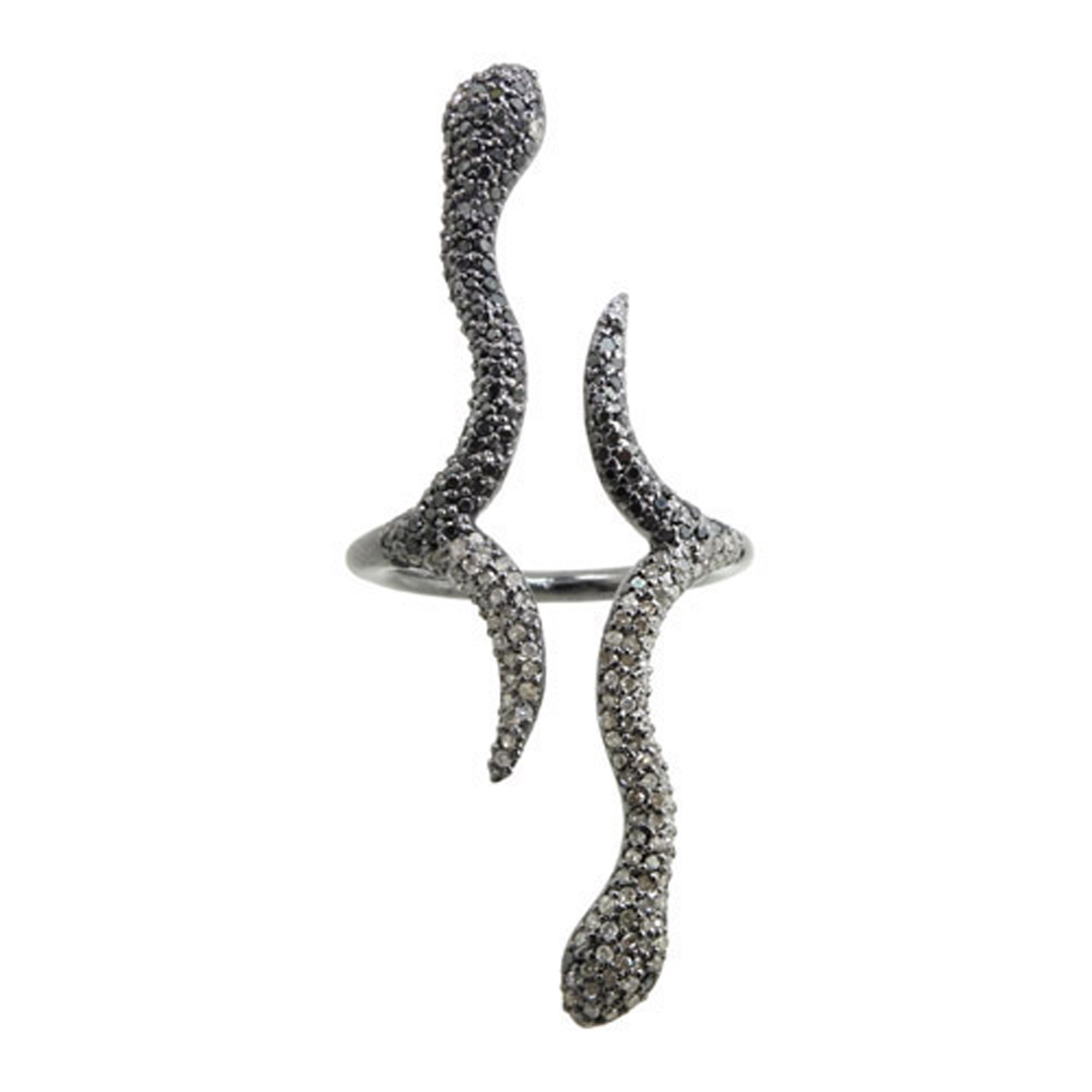 Real diamond 925 sterling silver open cuff snake ring