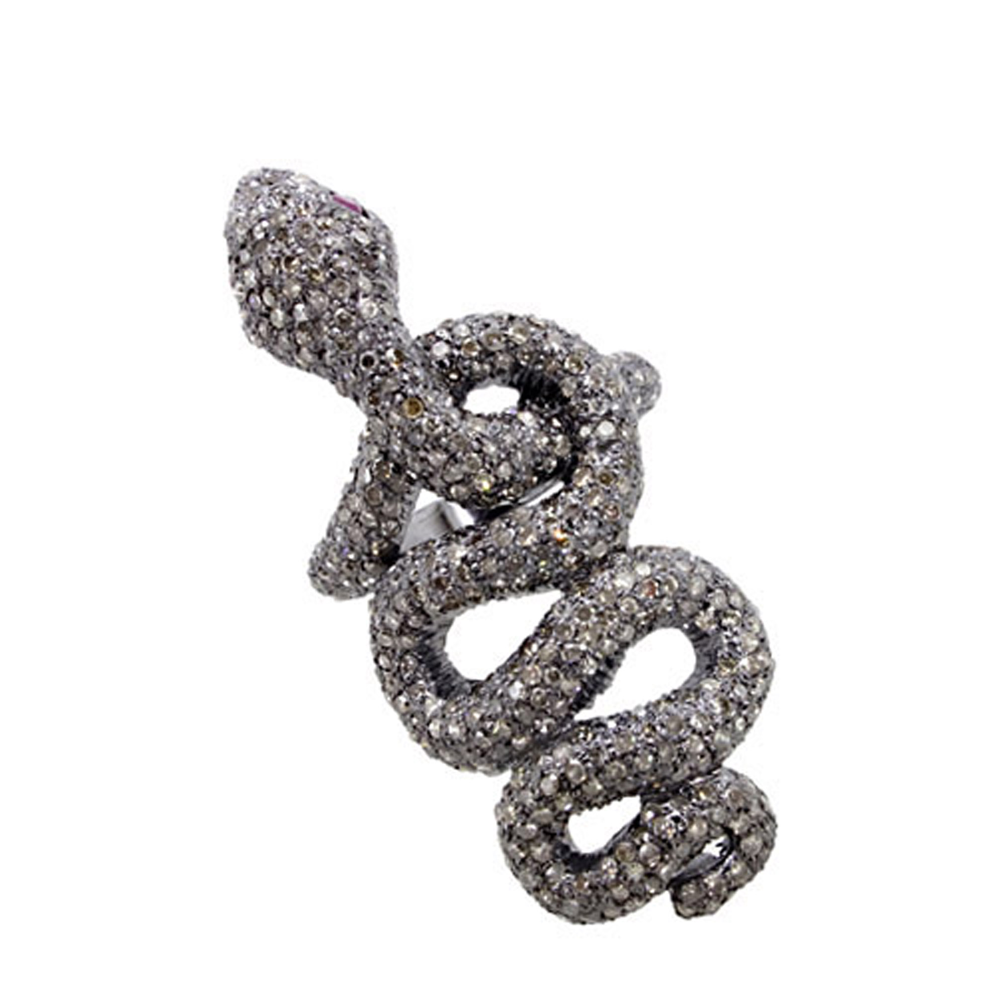 925 Silver ruby eyes snake ring with diamond