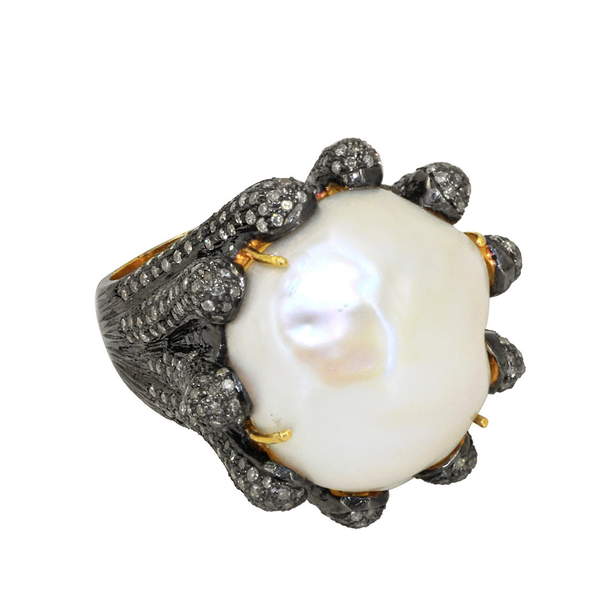 Natural pearl & diamond dome ring, 14k solid gold & 925 silver jewelry