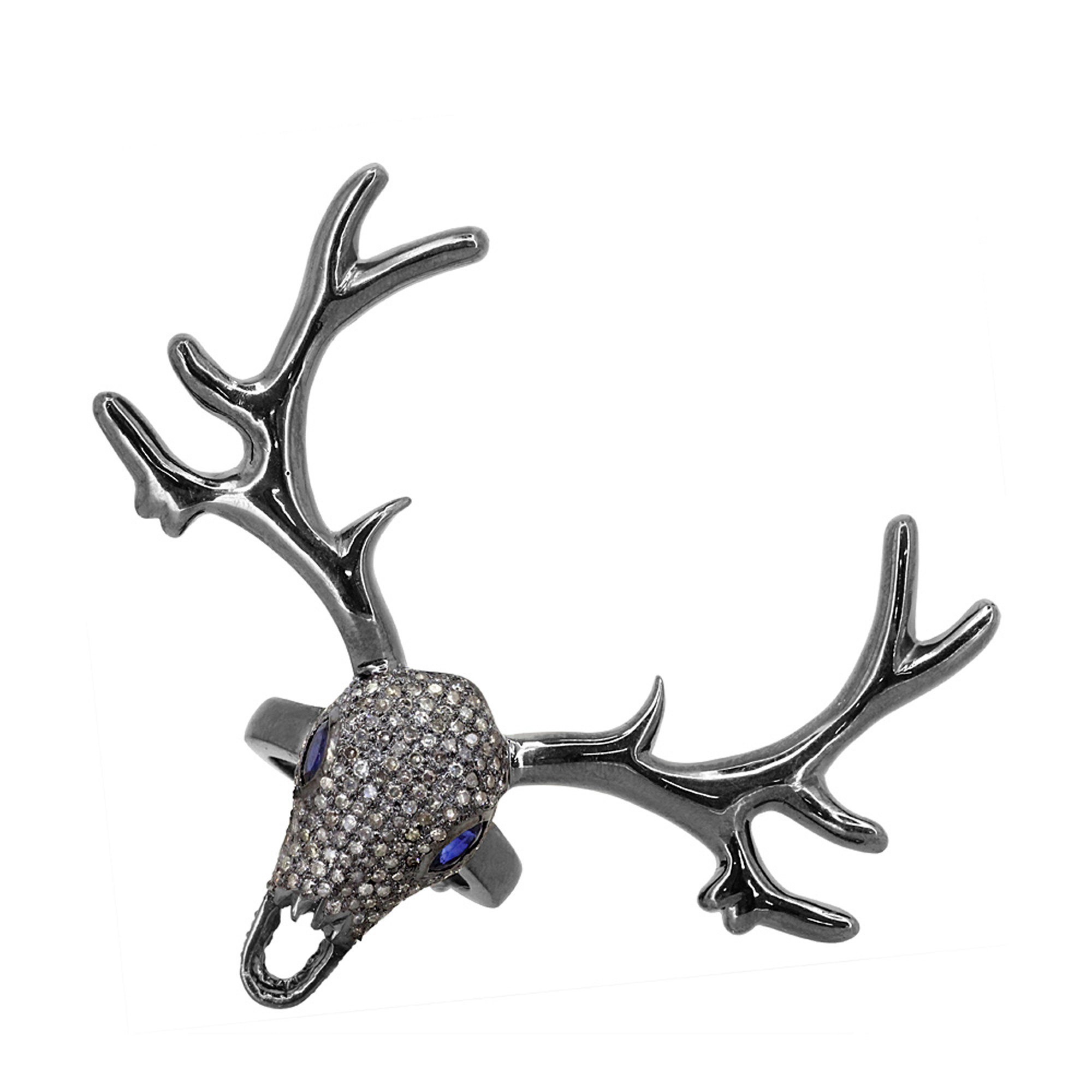 Solid silver diamond & sapphire stag ring jewelry