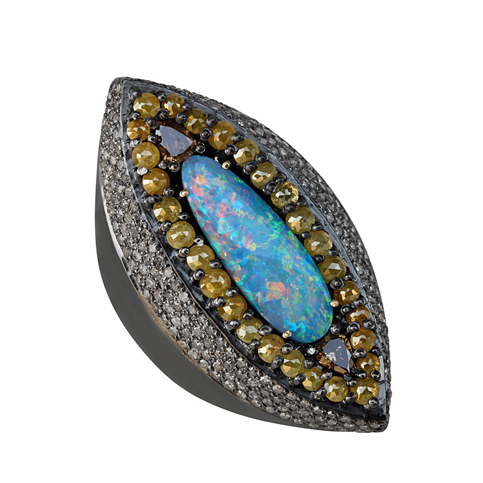 Gold & silver pave diamond fine ring adorned with opal