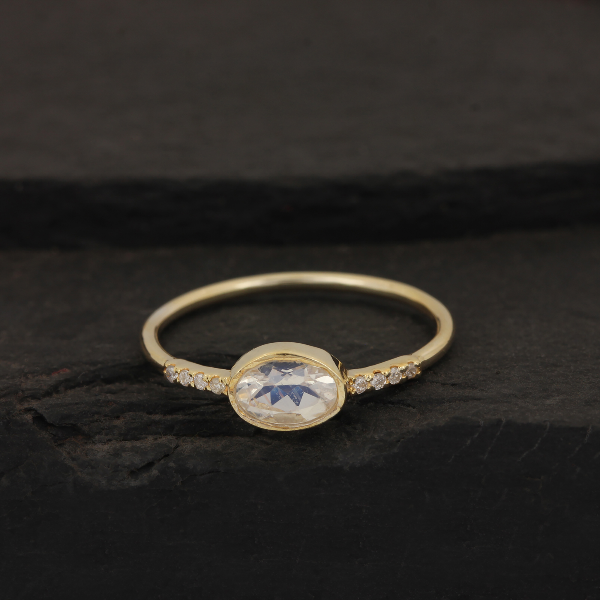 14k Solid Gold Real Diamond Rainbow Moonstone Ring