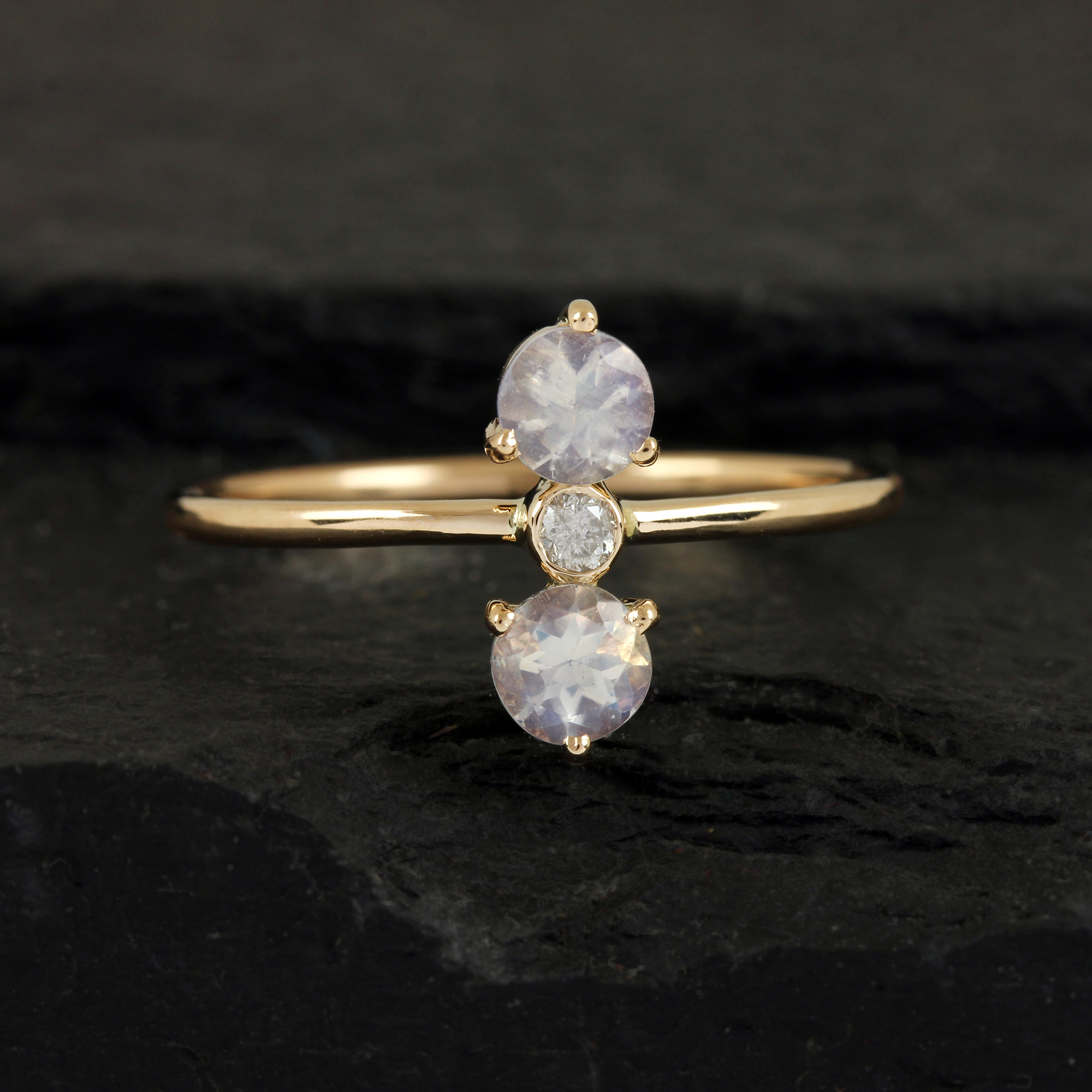Rainbow Moonstone Natural Diamond Ring 14K Solid Gold Fine Jewelry