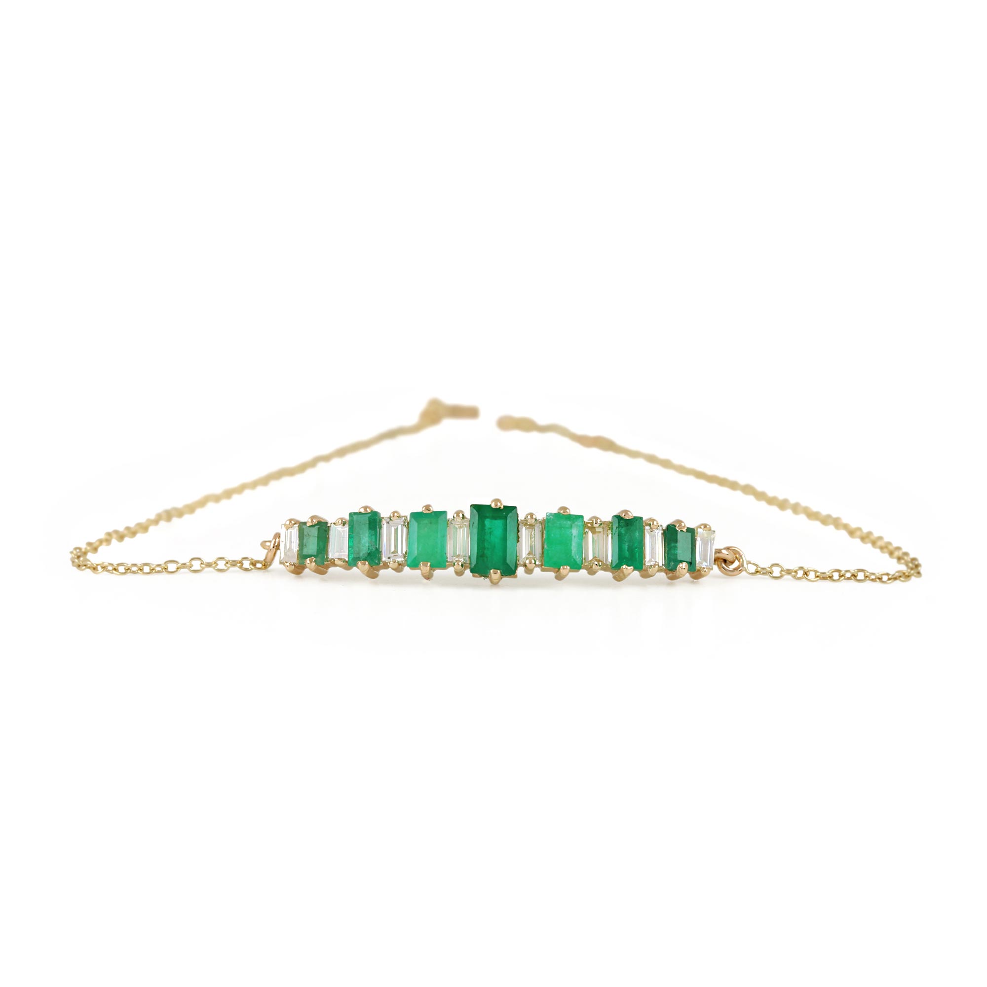 Emerald Gemstone Pave Diamond Chain Bracelet 14K Solid Gold Jewelry