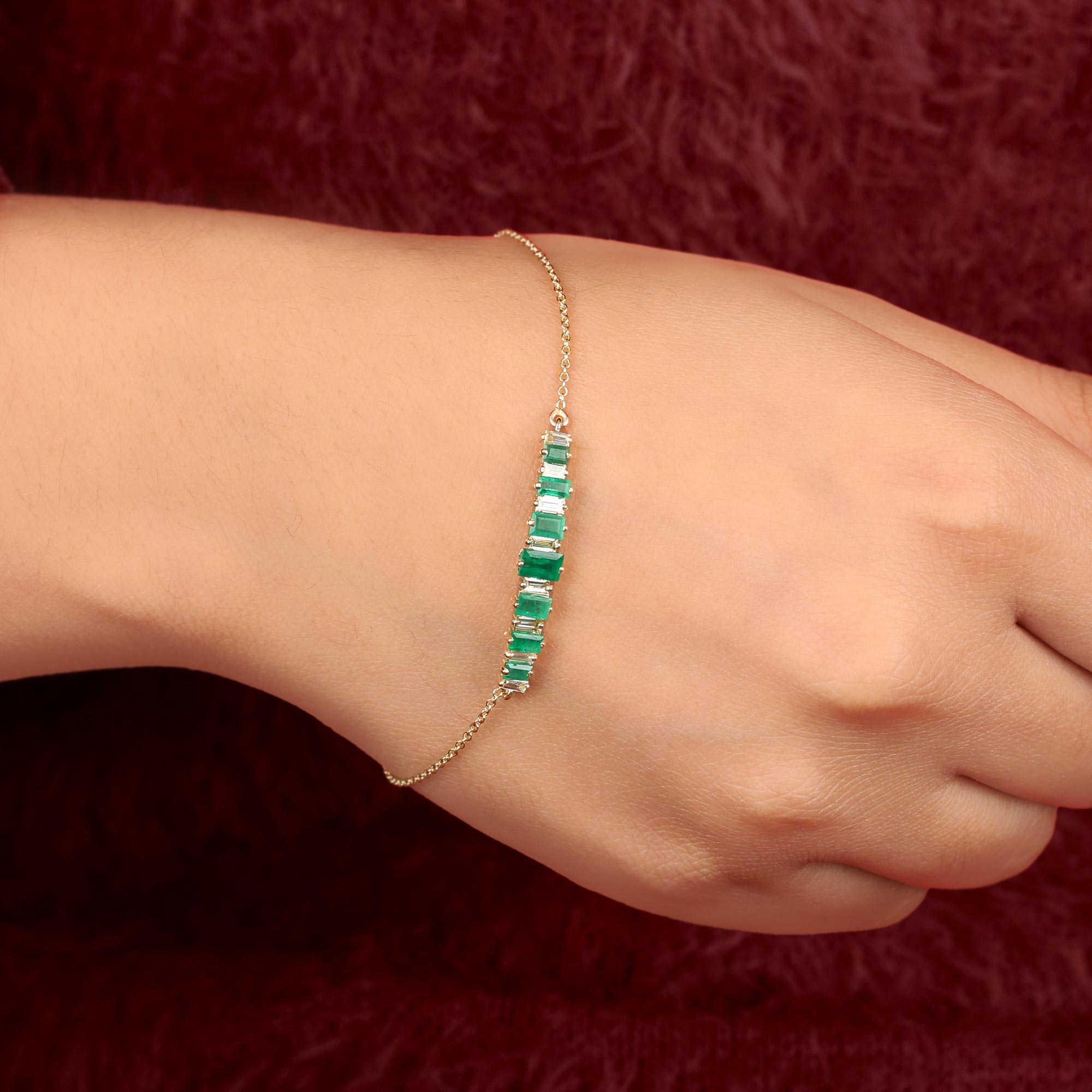 Emerald Gemstone Pave Diamond Chain Bracelet 14K Solid Gold Jewelry