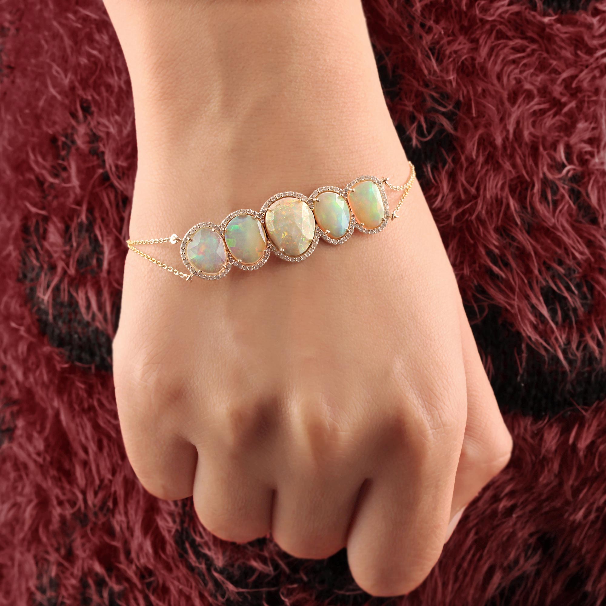 Natural Diamond Opal Gemstone Chain Bracelet Solid 14k Gold Jewelry