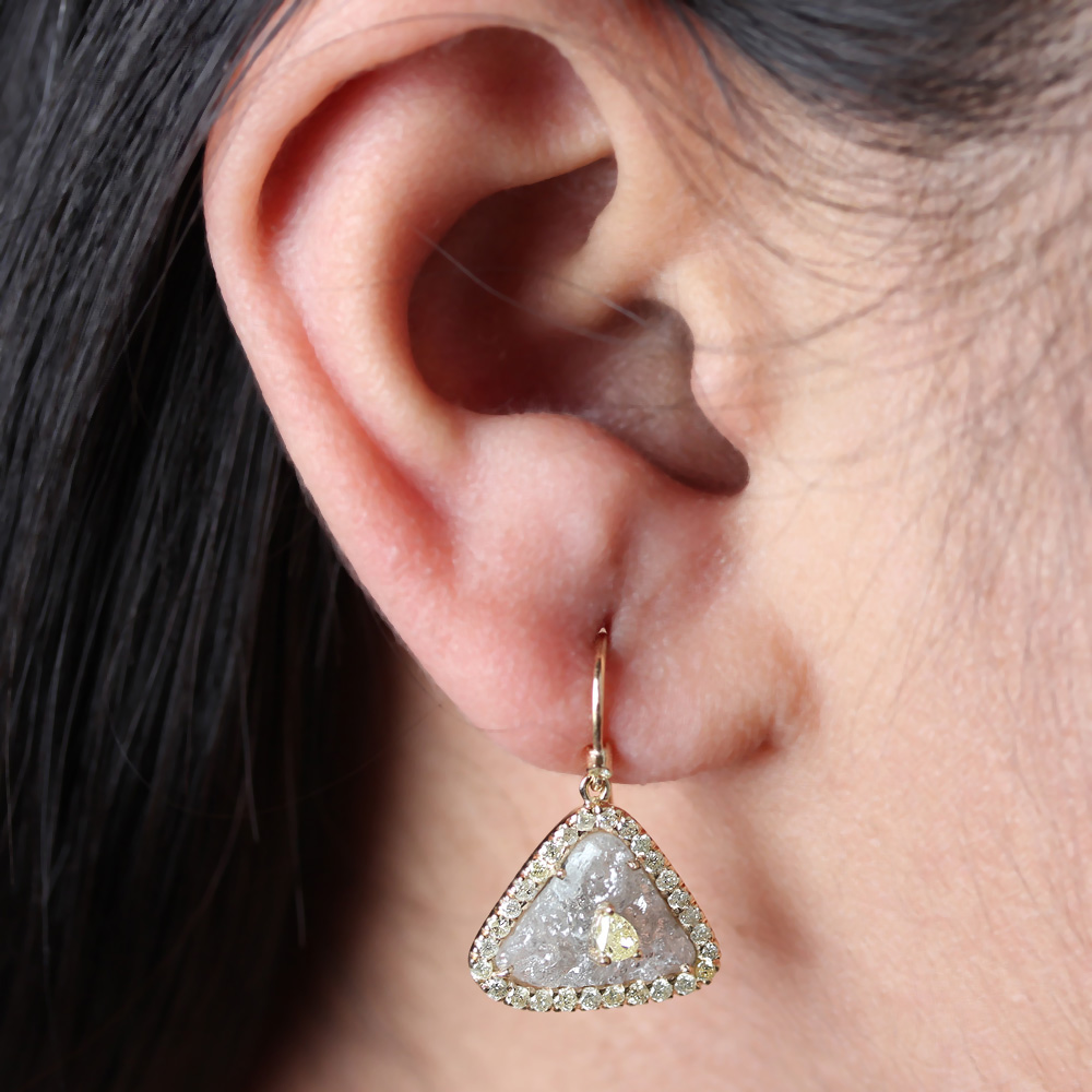 14K Solid Gold Natural Diamond Hook Dangle Earrings Fine Jewelry