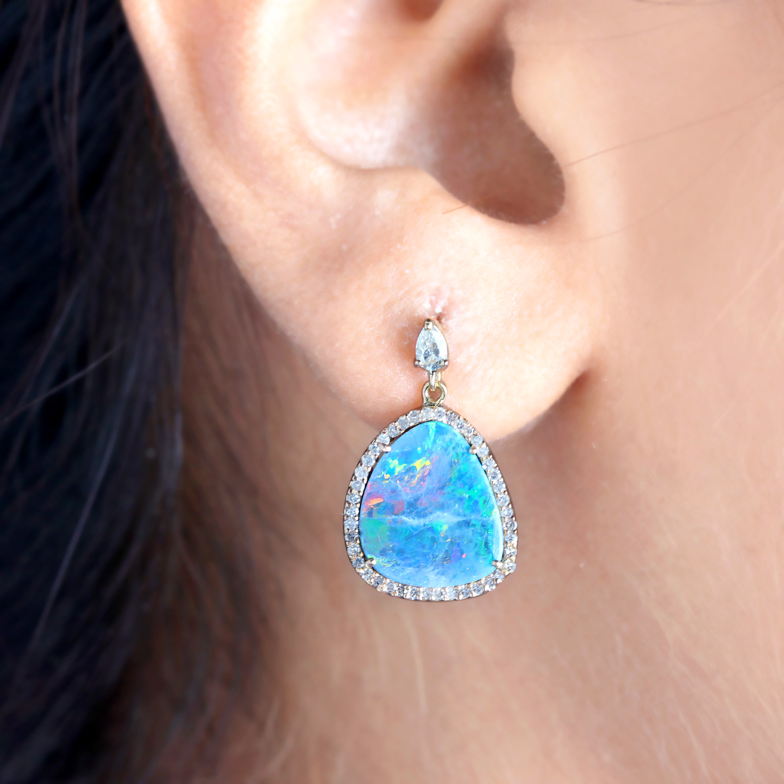Opal Gemstone 14K Solid Gold Dangle Earrings Pave Diamond Jewelry