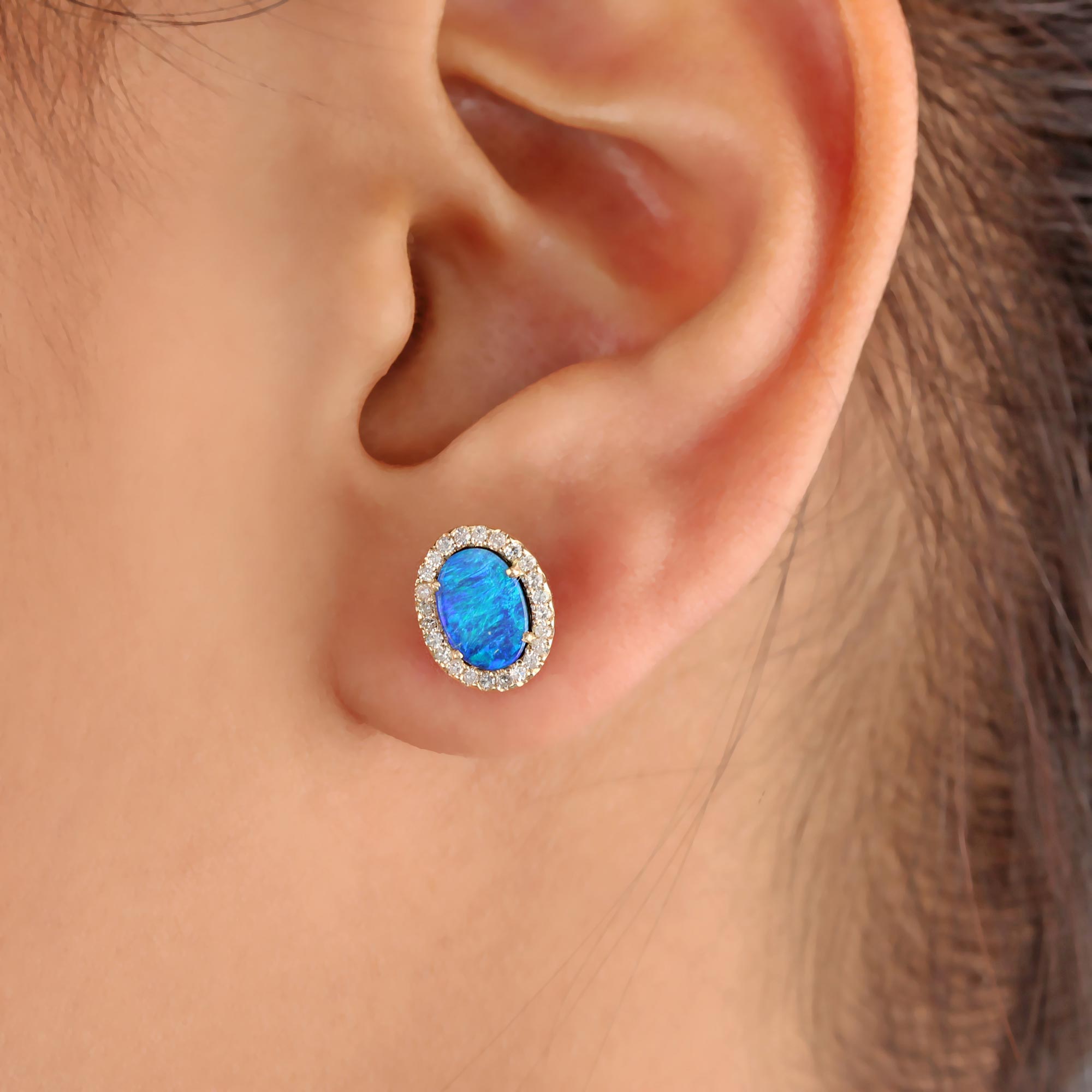 14K Solid Gold Opal Stud Earrings Pave Diamond Jewelry