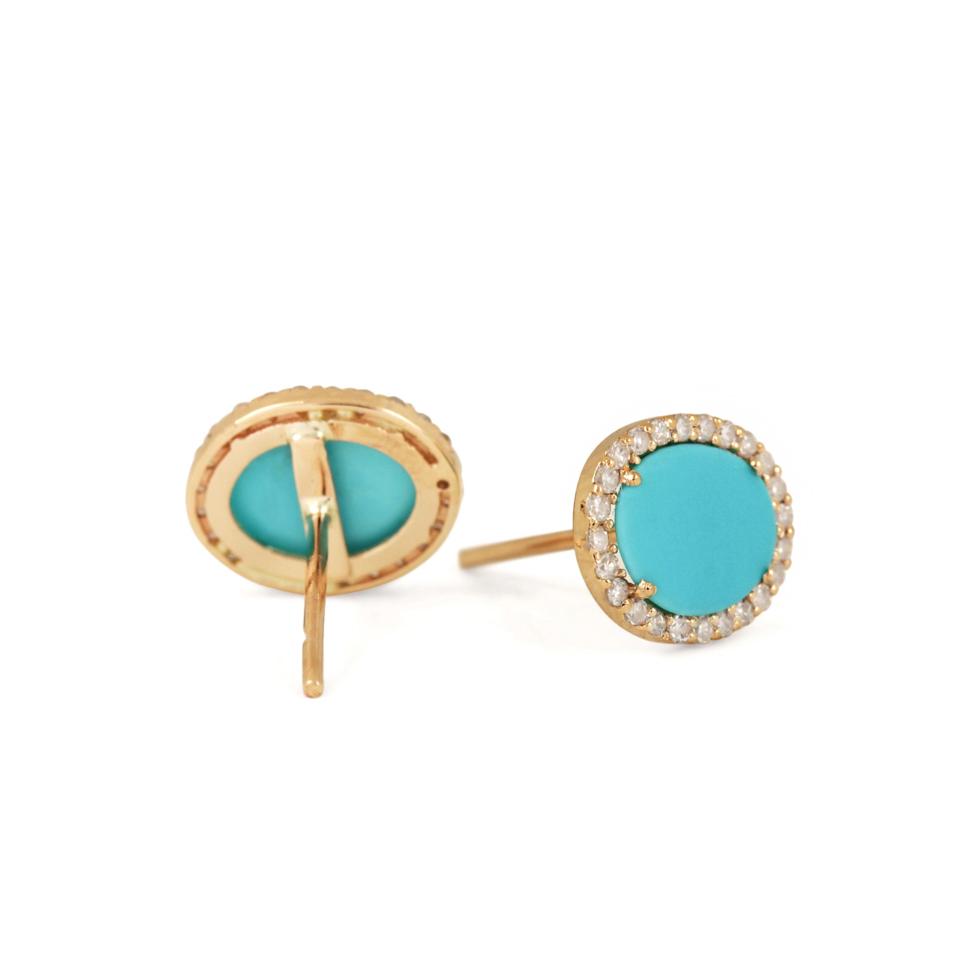 Turquoise Gemstone Stud Earrings 14K Solid Gold Natural Diamond Jewelry