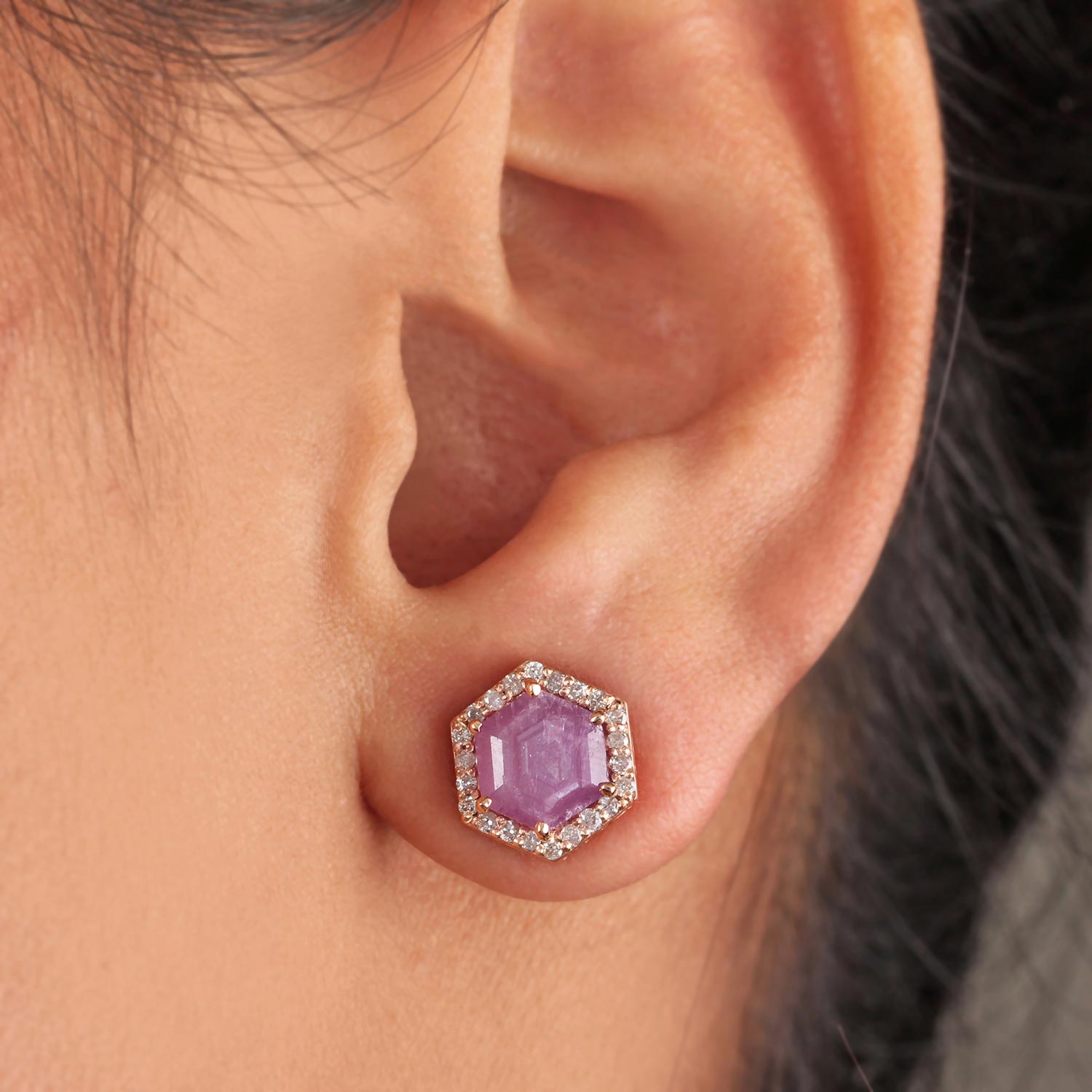 14K Gold Pink Sapphire Stud Earrings Natural Diamond Jewelry