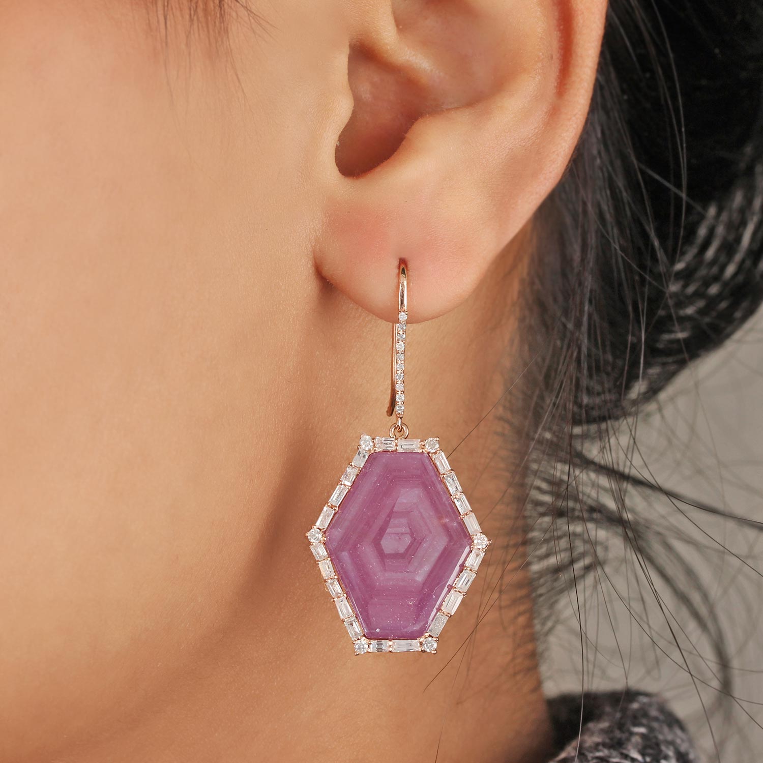 14K Gold Pink Sapphire Hook Dangle Earrings Natural Diamond Jewelry