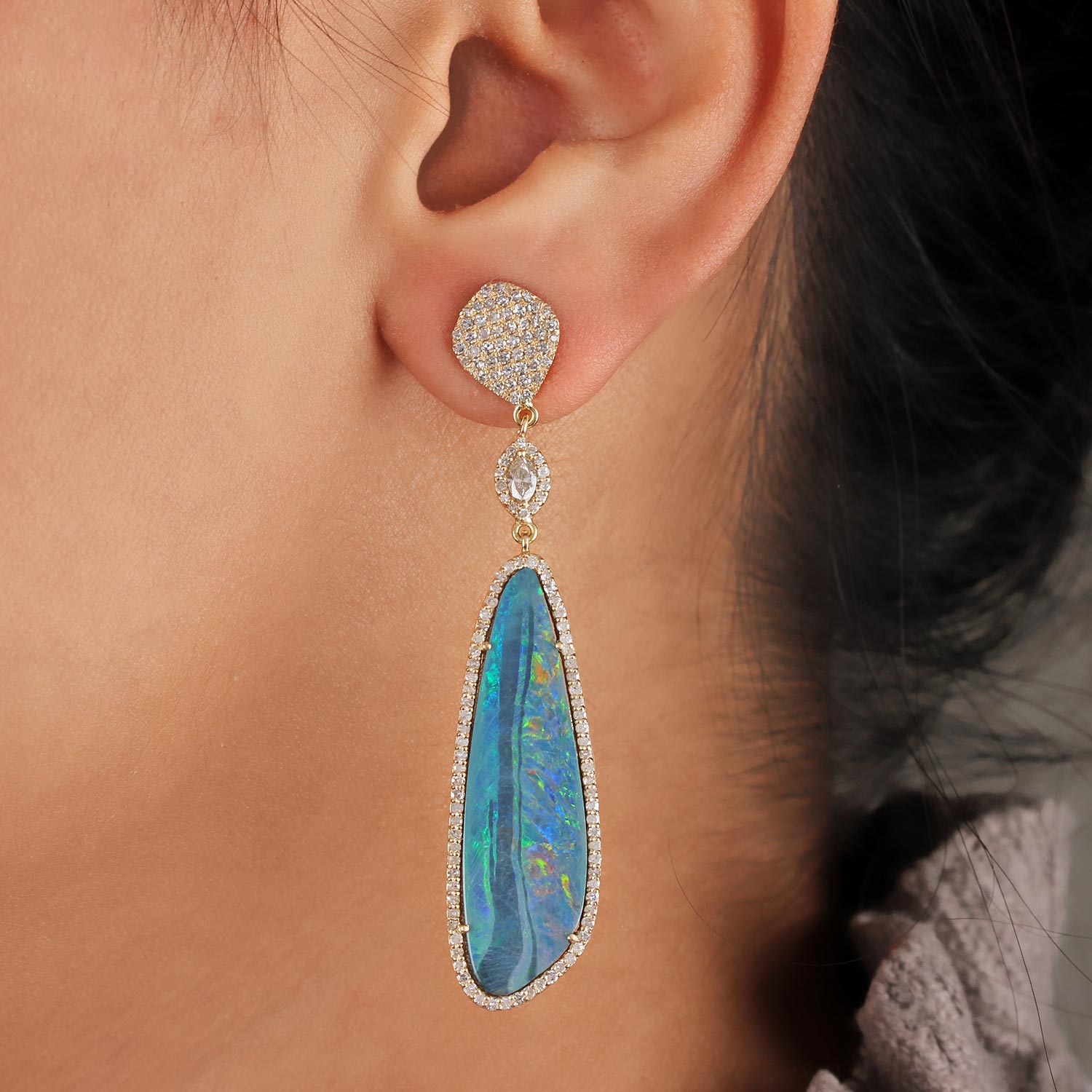 14K Gold Opal Gemstone Dangle Earrings Natural Diamond Jewelry