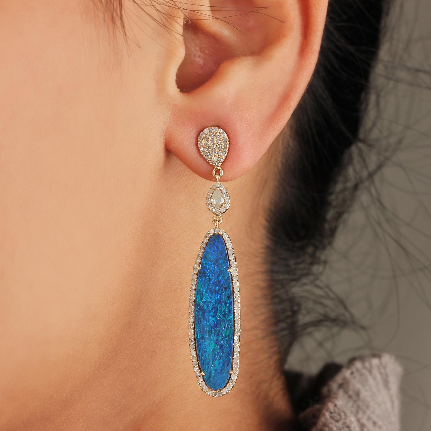 Solid 14K Gold Opal Gemstone Dangle Earrings Natural Diamond Jewelry