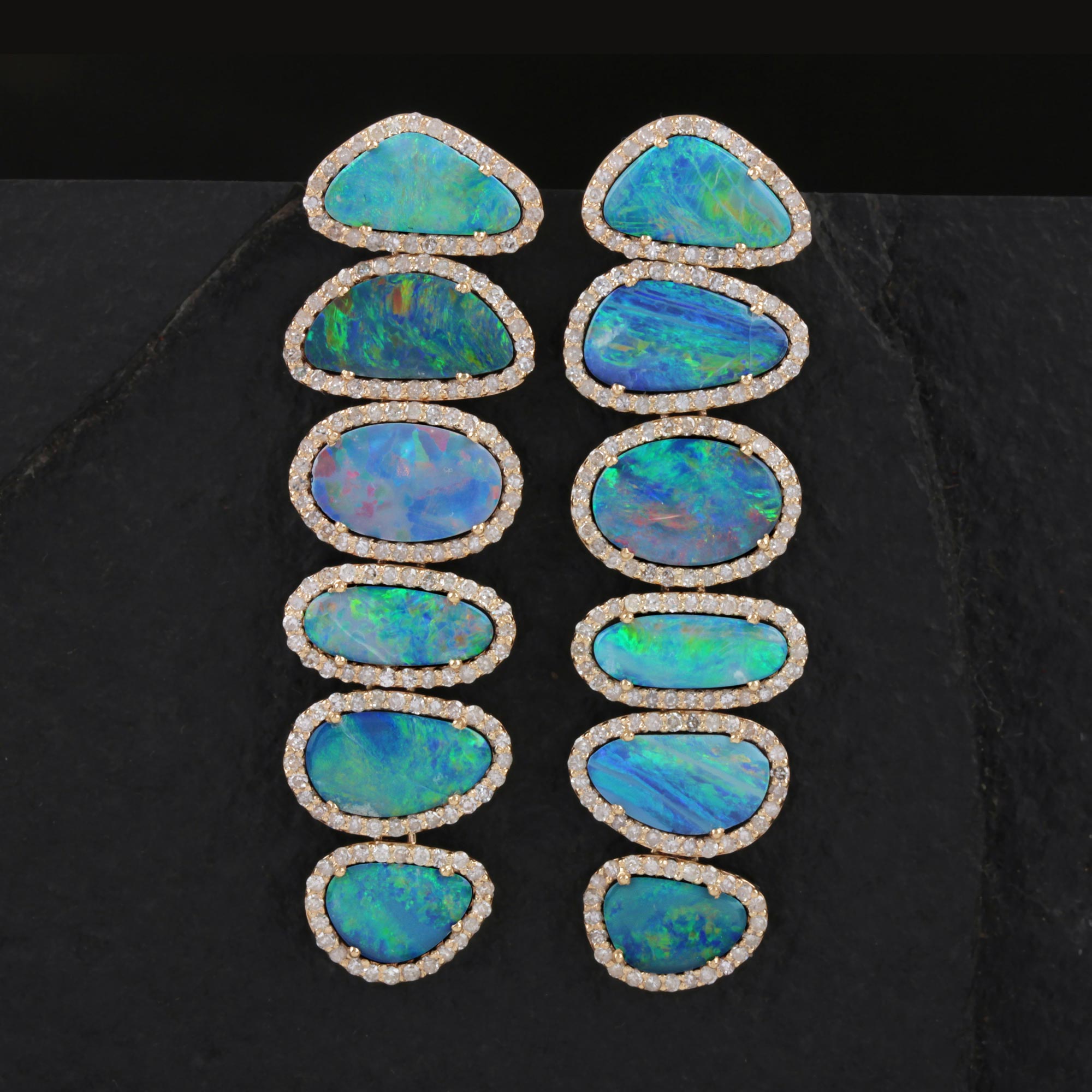 Opal Gemstone Long Earrings 14K Solid Gold Natural Diamond Jewelry
