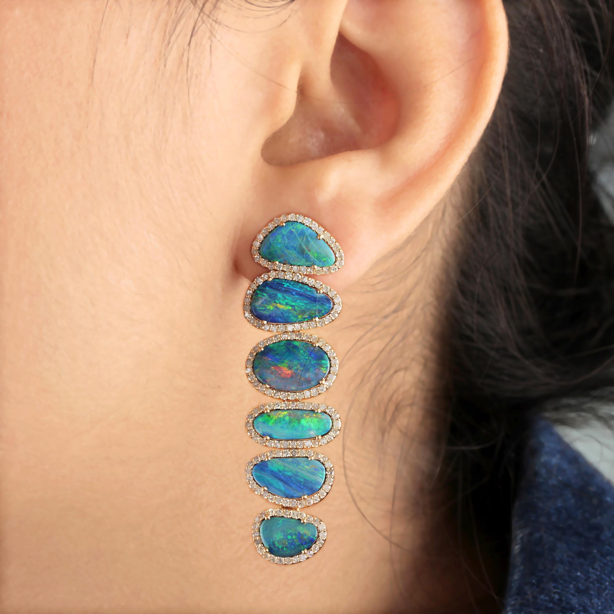 Opal Gemstone Long Earrings 14K Solid Gold Natural Diamond Jewelry