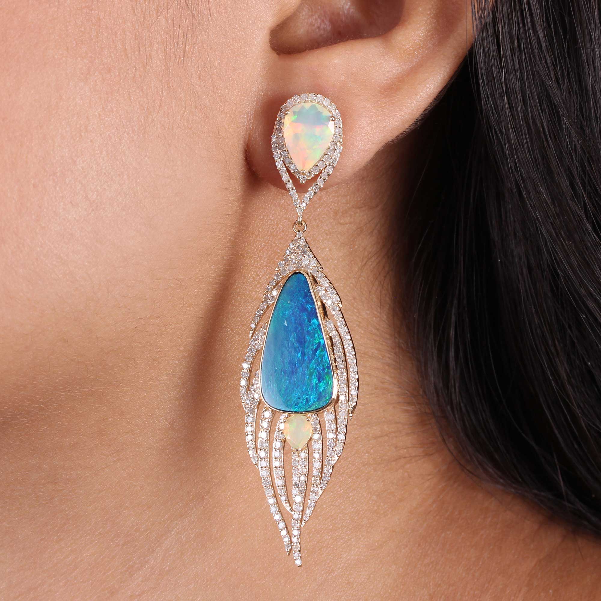 Opal Pave Diamond 14K Solid Gold Dangle Earrings