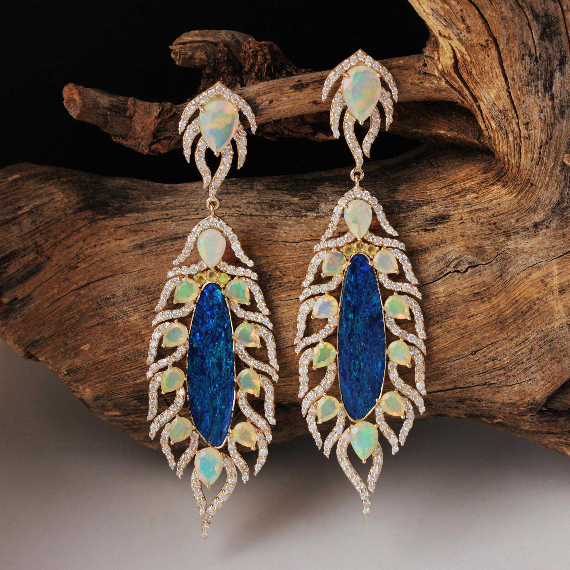 Opal Gemstone Dangle Earrings 14K Solid Gold Natural Diamond Jewelry
