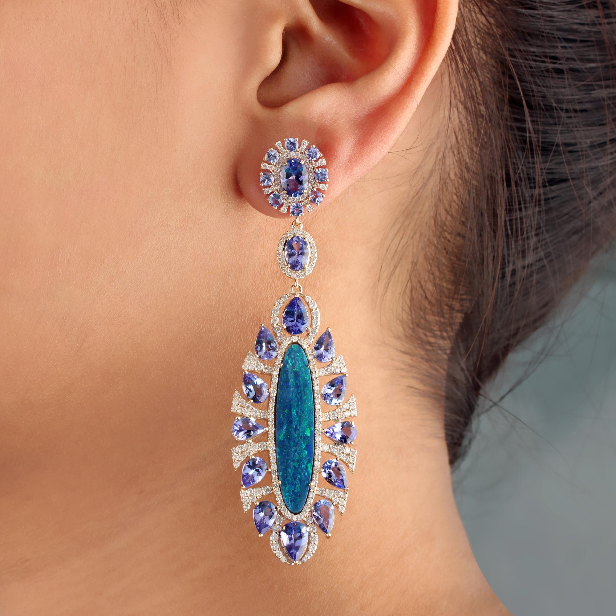 14K Solid Gold Opal Tanzanite Dangle Earrings Pave Diamond Jewelry