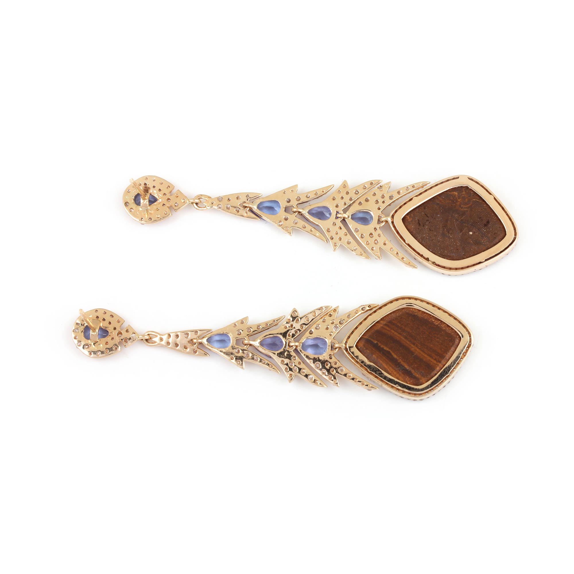 14K Solid Yellow Gold Opal Tanzanite Dangle Earrings Pave Diamond Jewelry