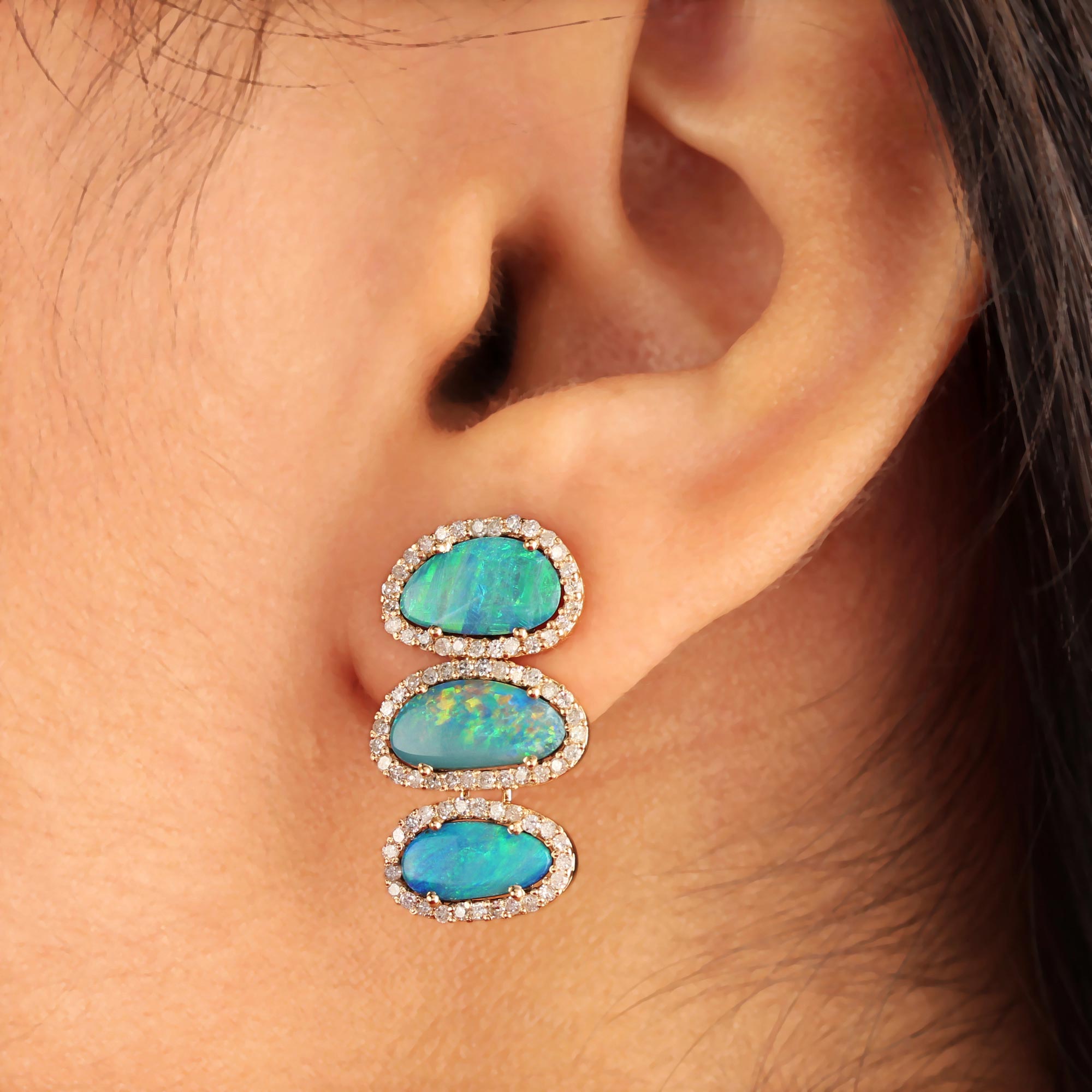 14K Solid Gold Opal Stud Earrings Pave Diamond Jewelry