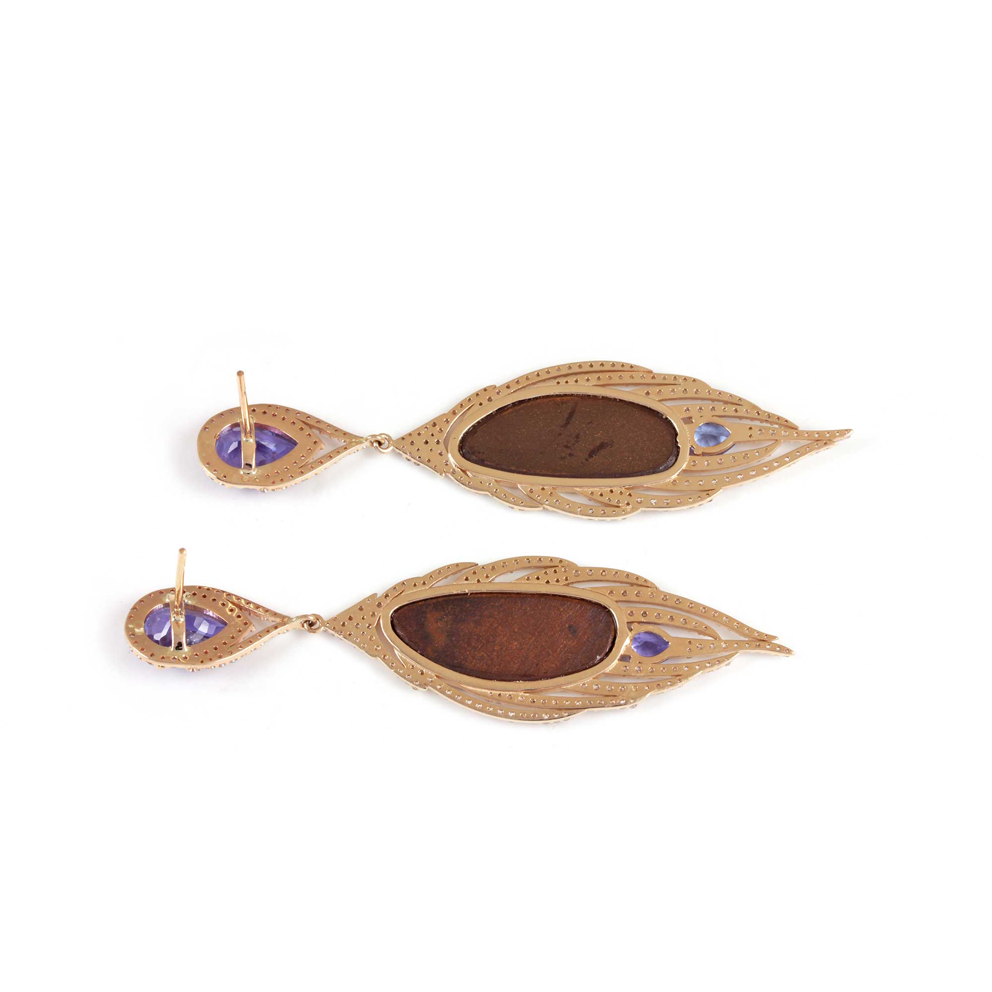 Opal Tanzanite Pave Diamond Dangle Earrings 14k Solid Gold Fine Jewelry
