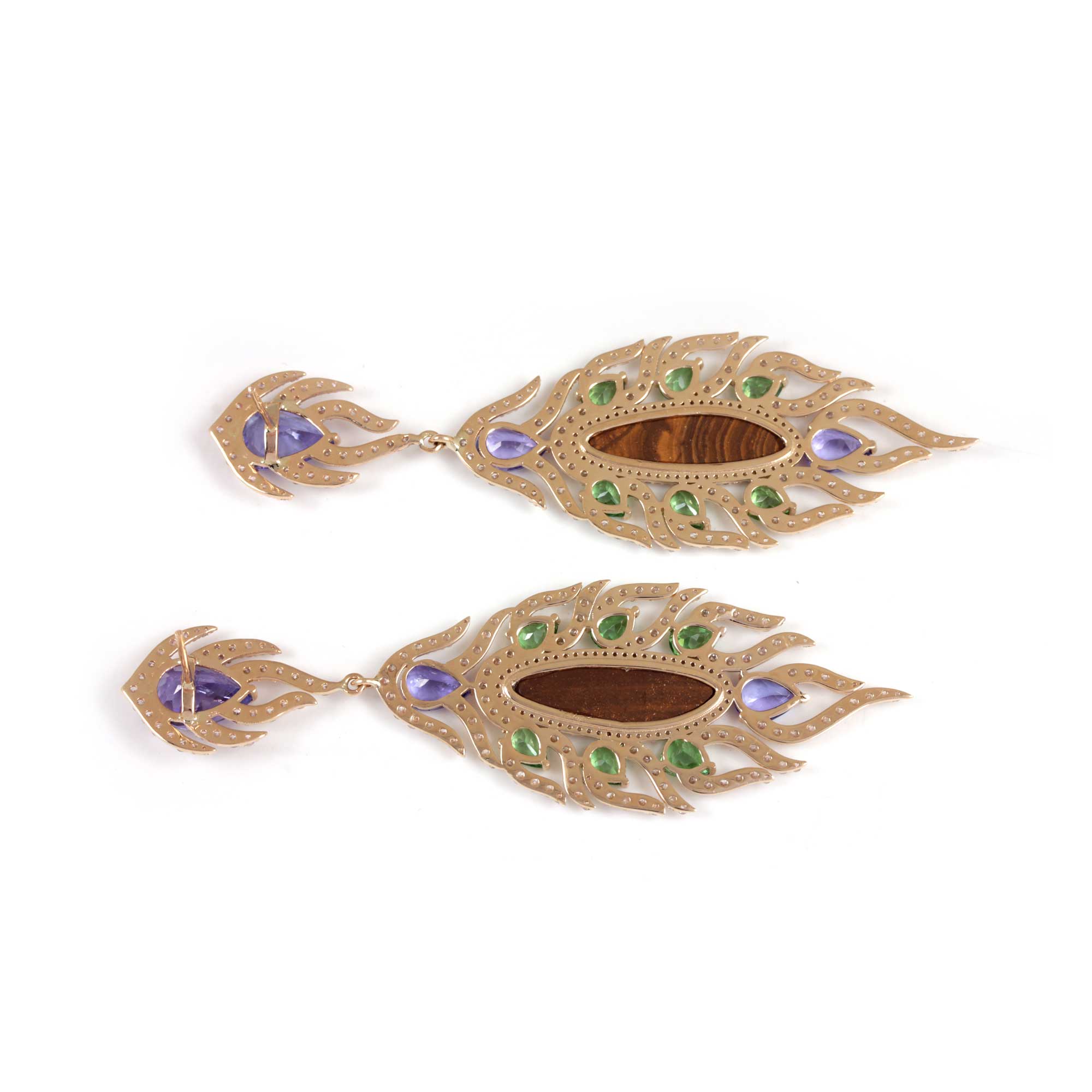 Opal Tsavorite Tanzanite Pave Diamond Dangle Earrings 14k Solid Gold Fine Jewelry
