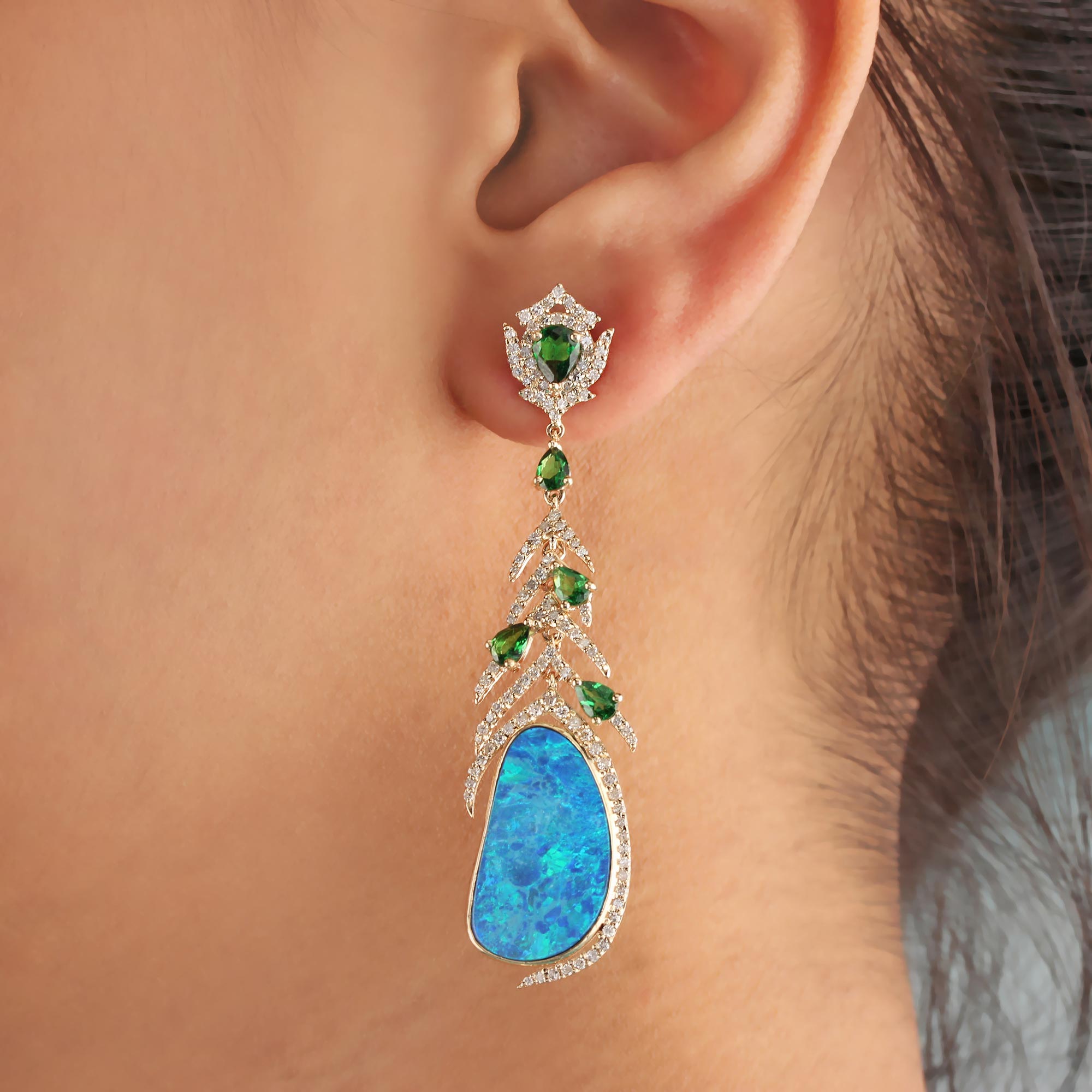 14K Solid Gold Opal Tsavorite Dangle Earrings Pave Diamond Jewelry