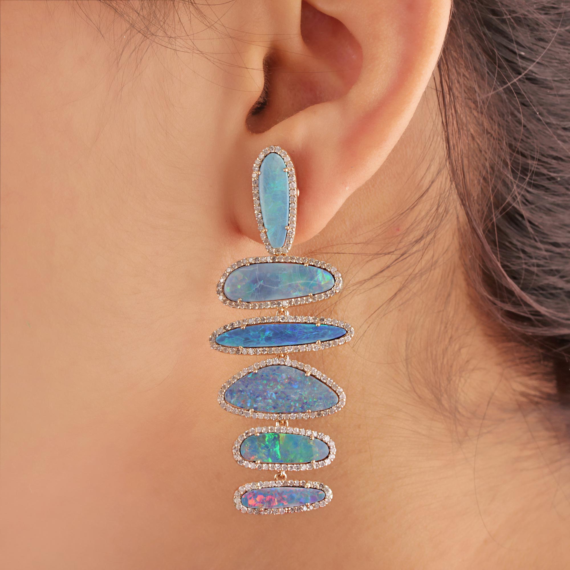 14K Solid Gold Opal Gemstone Dangle Earrings Pave Diamond Jewelry