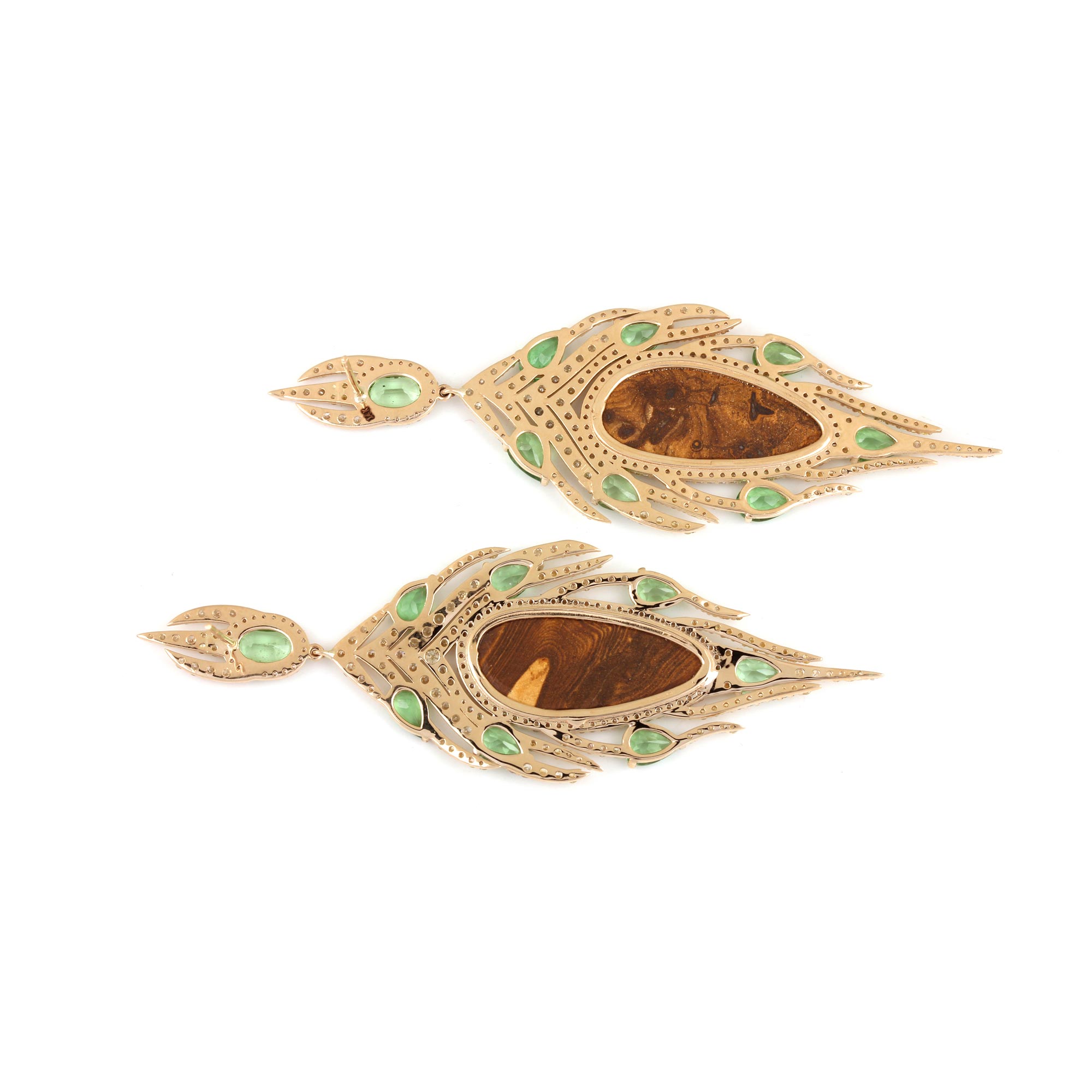 14K Solid Gold Opal Tsavorite Dangle Earrings Pave Diamond Fine Jewelry