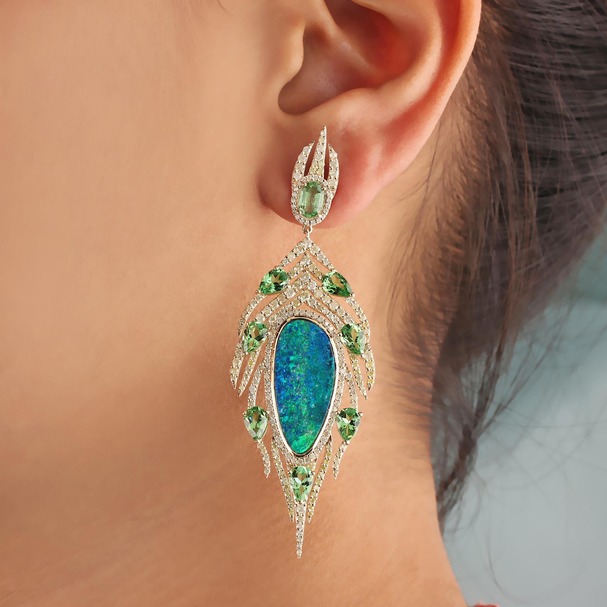 14K Solid Gold Opal Tsavorite Dangle Earrings Pave Diamond Fine Jewelry