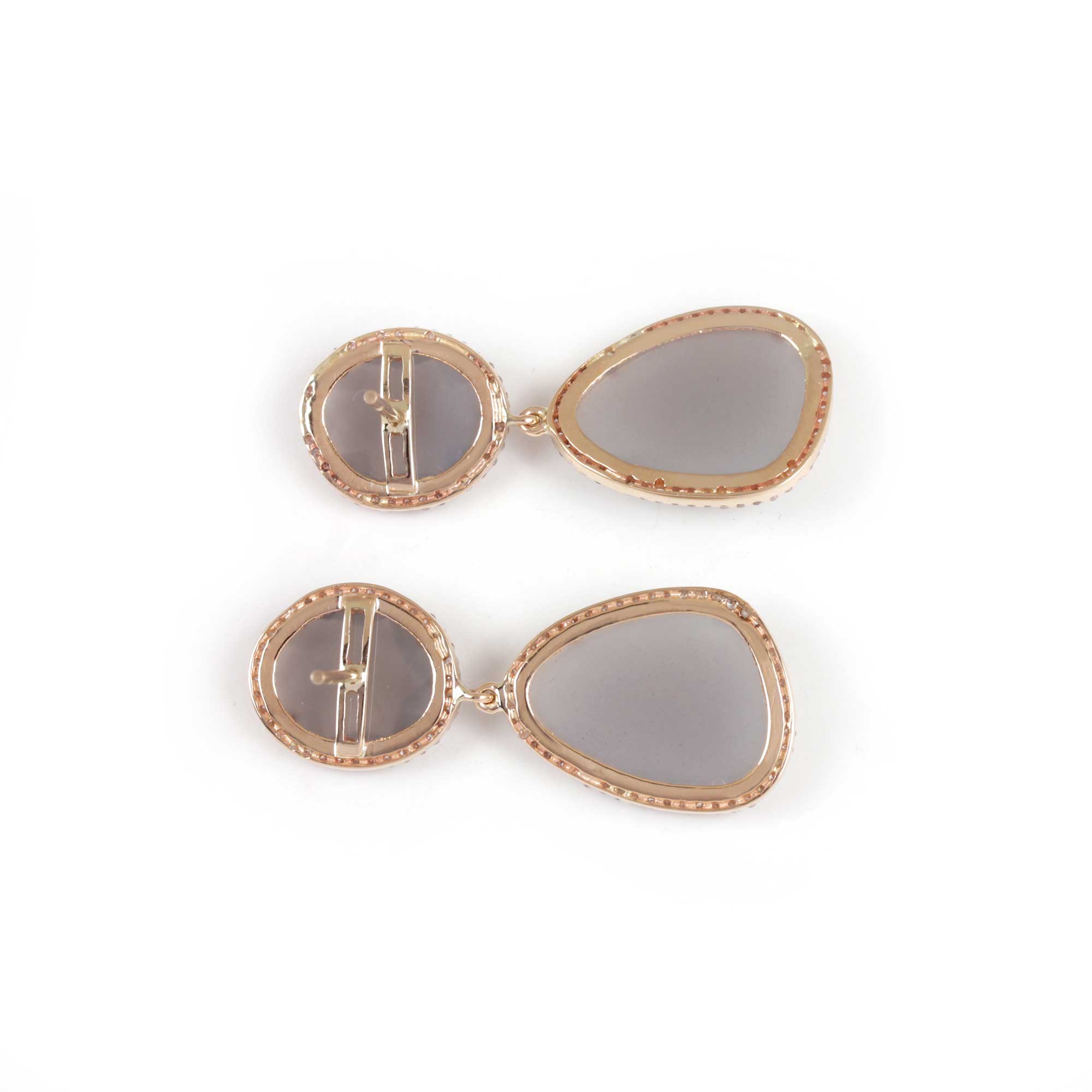 14K Solid Gold Grey Moonstone Pave Diamond Dangle Earrings