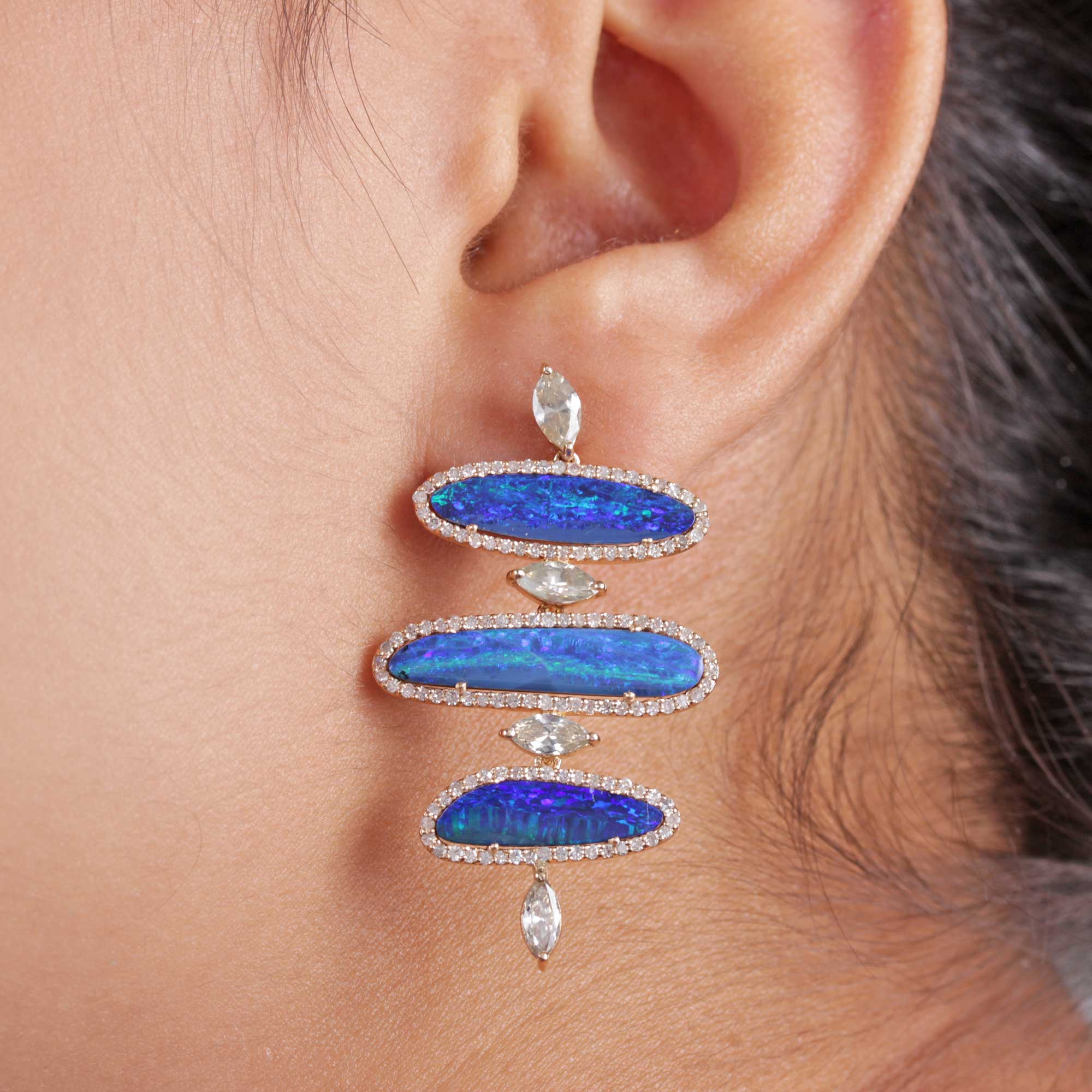 14K Solid Gold Opal Pave Diamond Designer Dangle Earrings